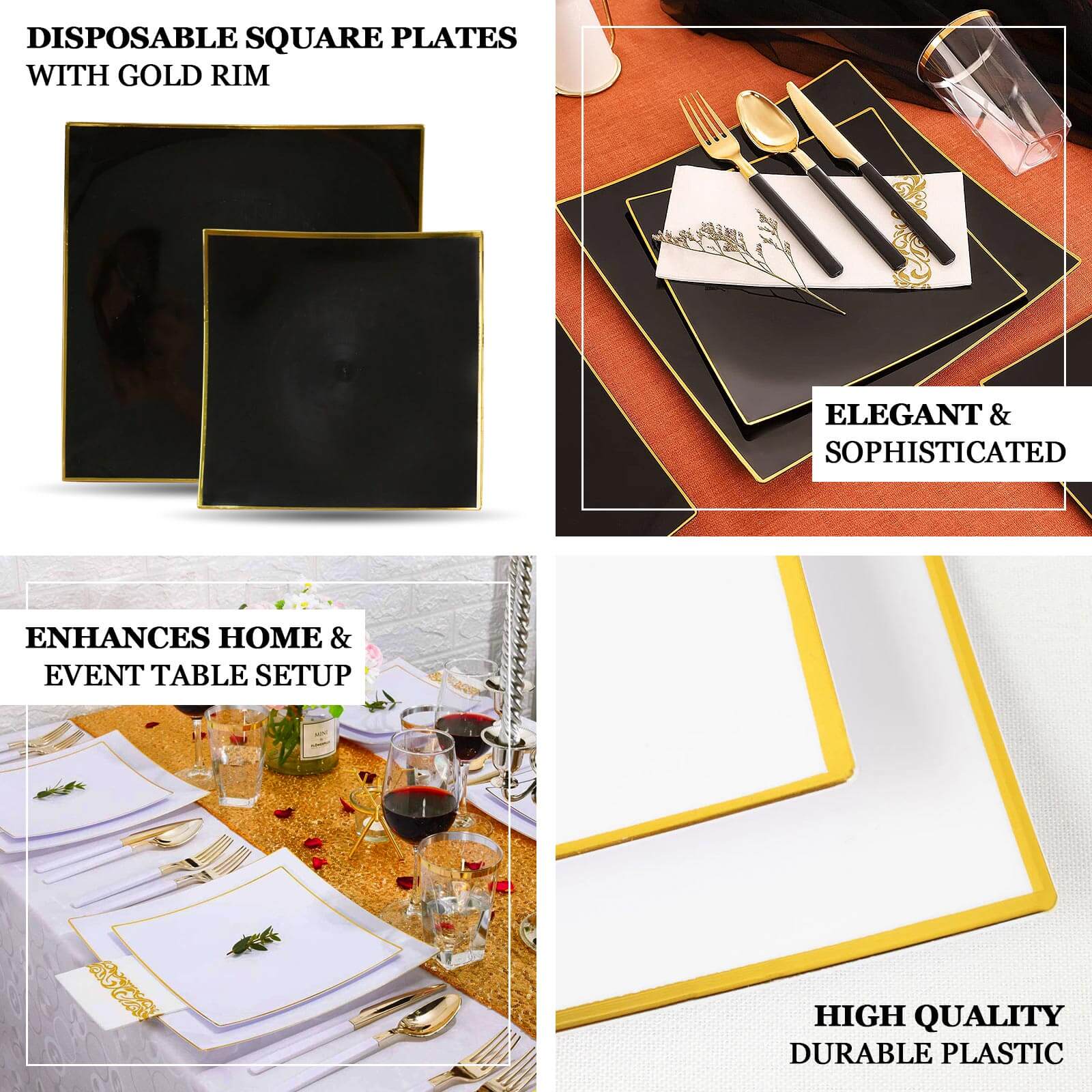 10-Pack Plastic Square Dessert Plates 8" White Concave Style with Gold Rim - Modern Disposable Salad Appetizer Party Plates for Formal Dinners & Banquets - Image 4