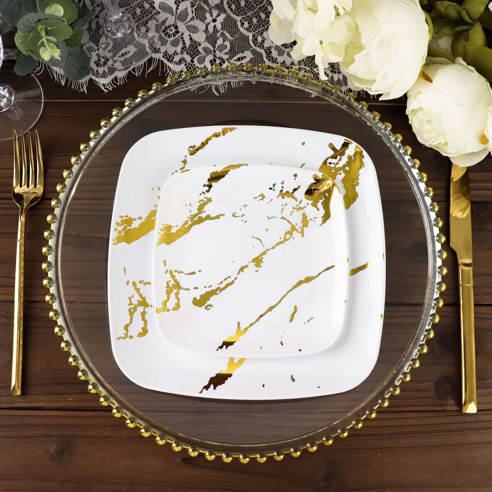 10-Pack Plastic Square Dessert Plates 8" White with Gold Marble Design - Disposable Appetizer Salad Party Plates for Sophisticated Dining & Festive Events - Image 10