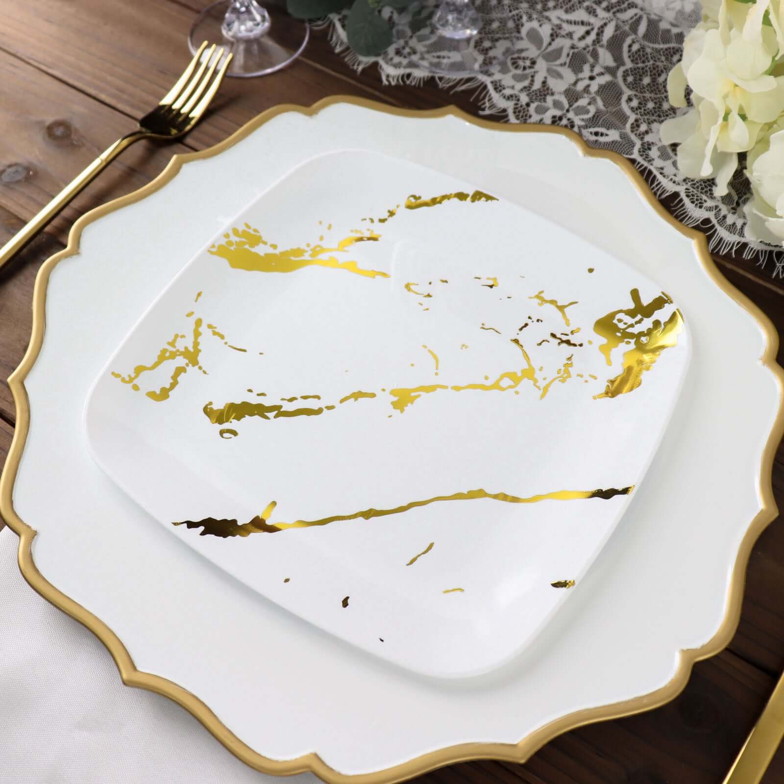 10-Pack Plastic Square Dessert Plates 8" White with Gold Marble Design - Disposable Appetizer Salad Party Plates for Sophisticated Dining & Festive Events - Image 12