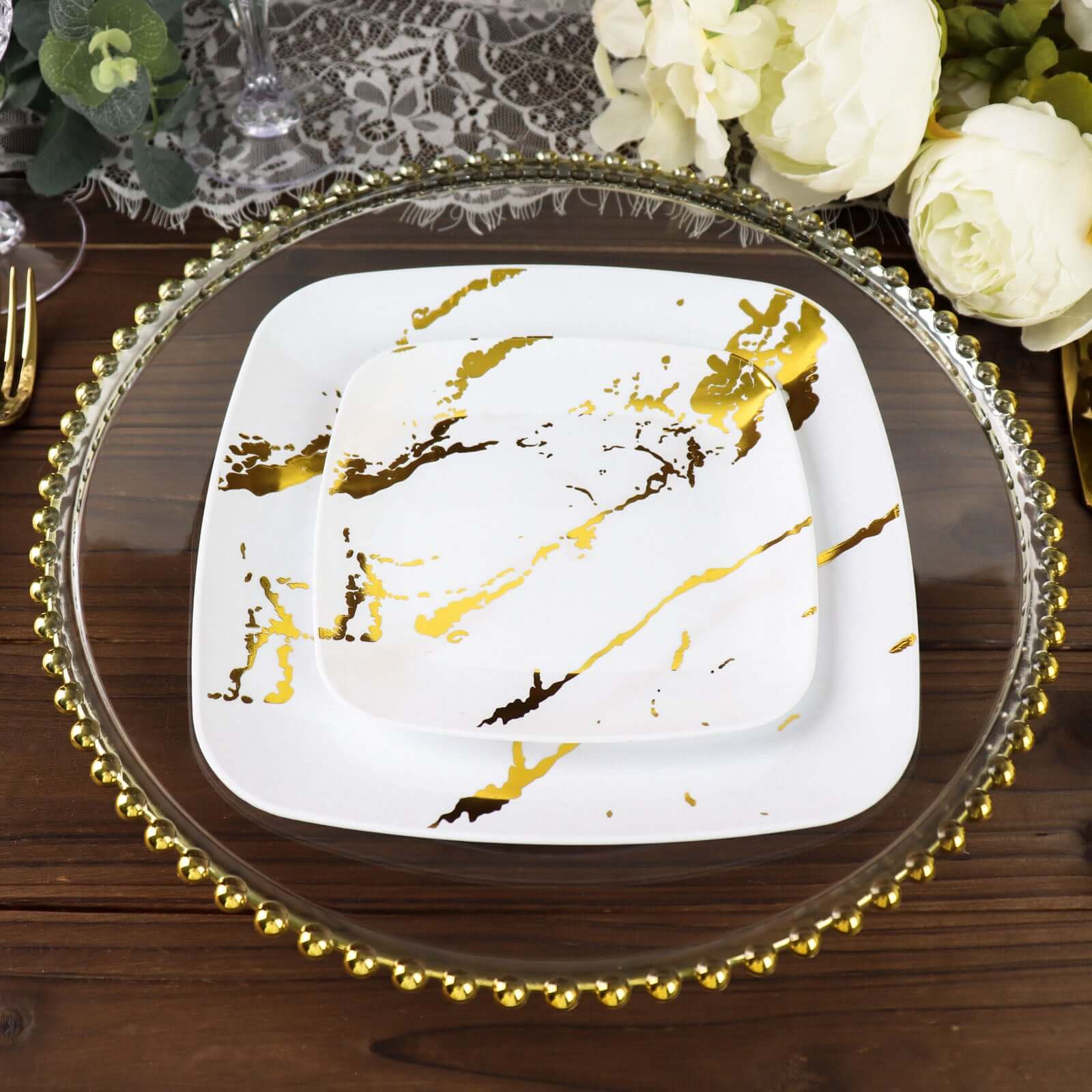 10-Pack Plastic Square Dessert Plates 8" White with Gold Marble Design - Disposable Appetizer Salad Party Plates for Sophisticated Dining & Festive Events - Image 2