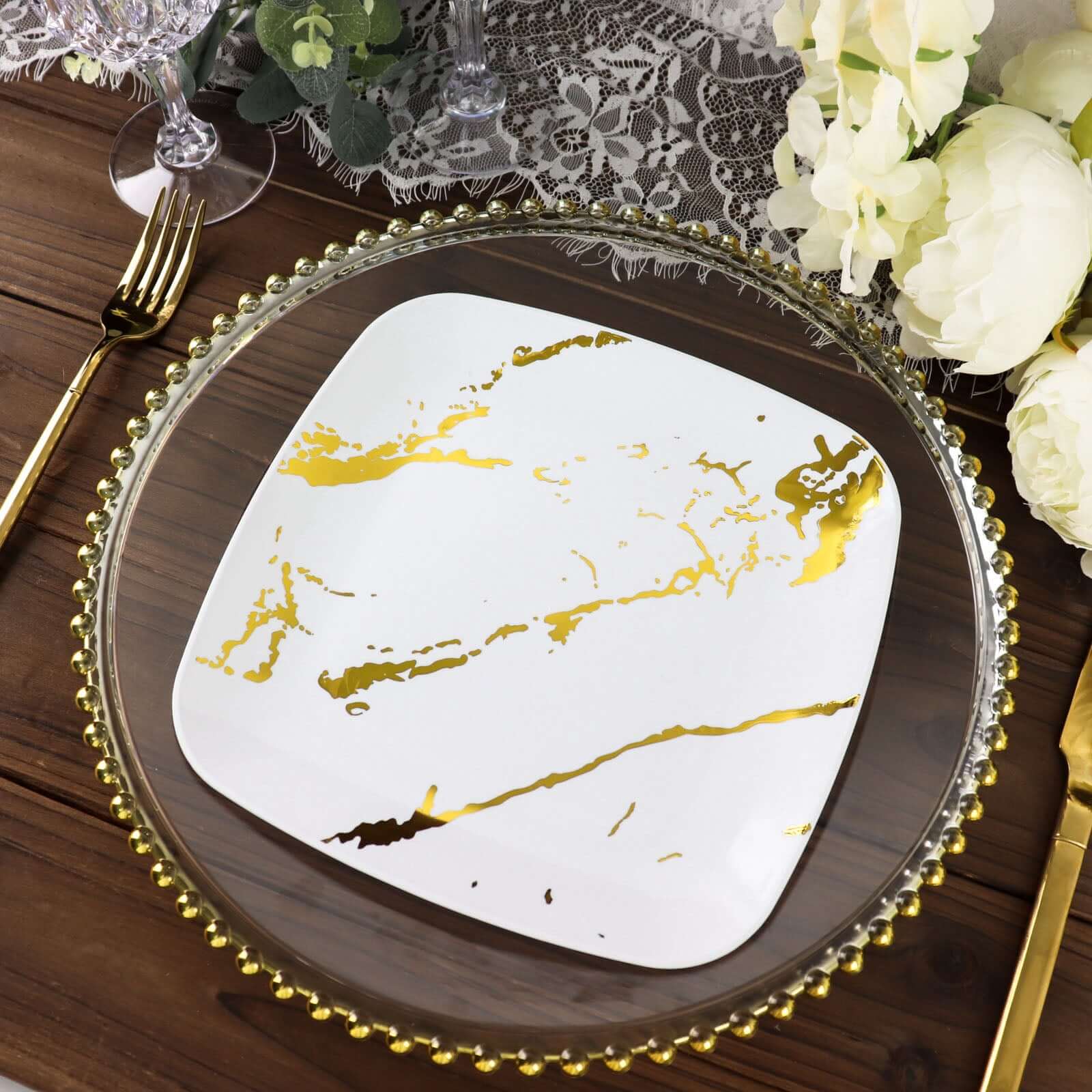 10-Pack Plastic Square Dessert Plates 8" White with Gold Marble Design - Disposable Appetizer Salad Party Plates for Sophisticated Dining & Festive Events - Image 4