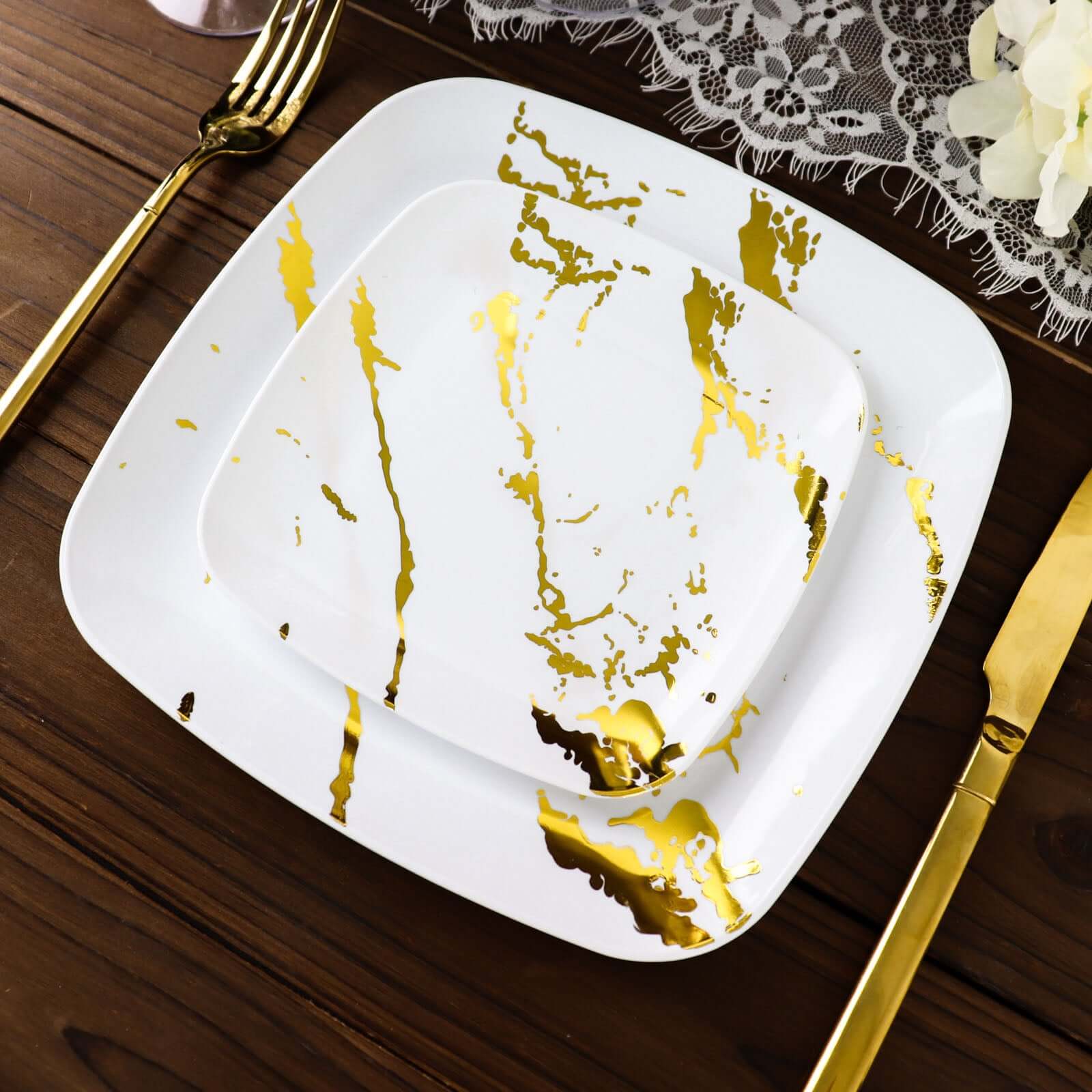 10-Pack Plastic Square Dessert Plates 8" White with Gold Marble Design - Disposable Appetizer Salad Party Plates for Sophisticated Dining & Festive Events - Image 6