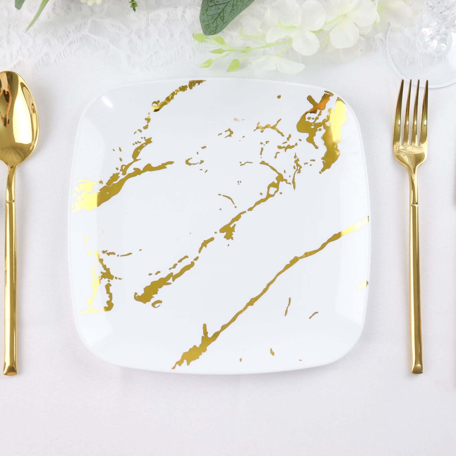 10-Pack Plastic Square Dessert Plates 8" White with Gold Marble Design - Disposable Appetizer Salad Party Plates for Sophisticated Dining & Festive Events - Image 8