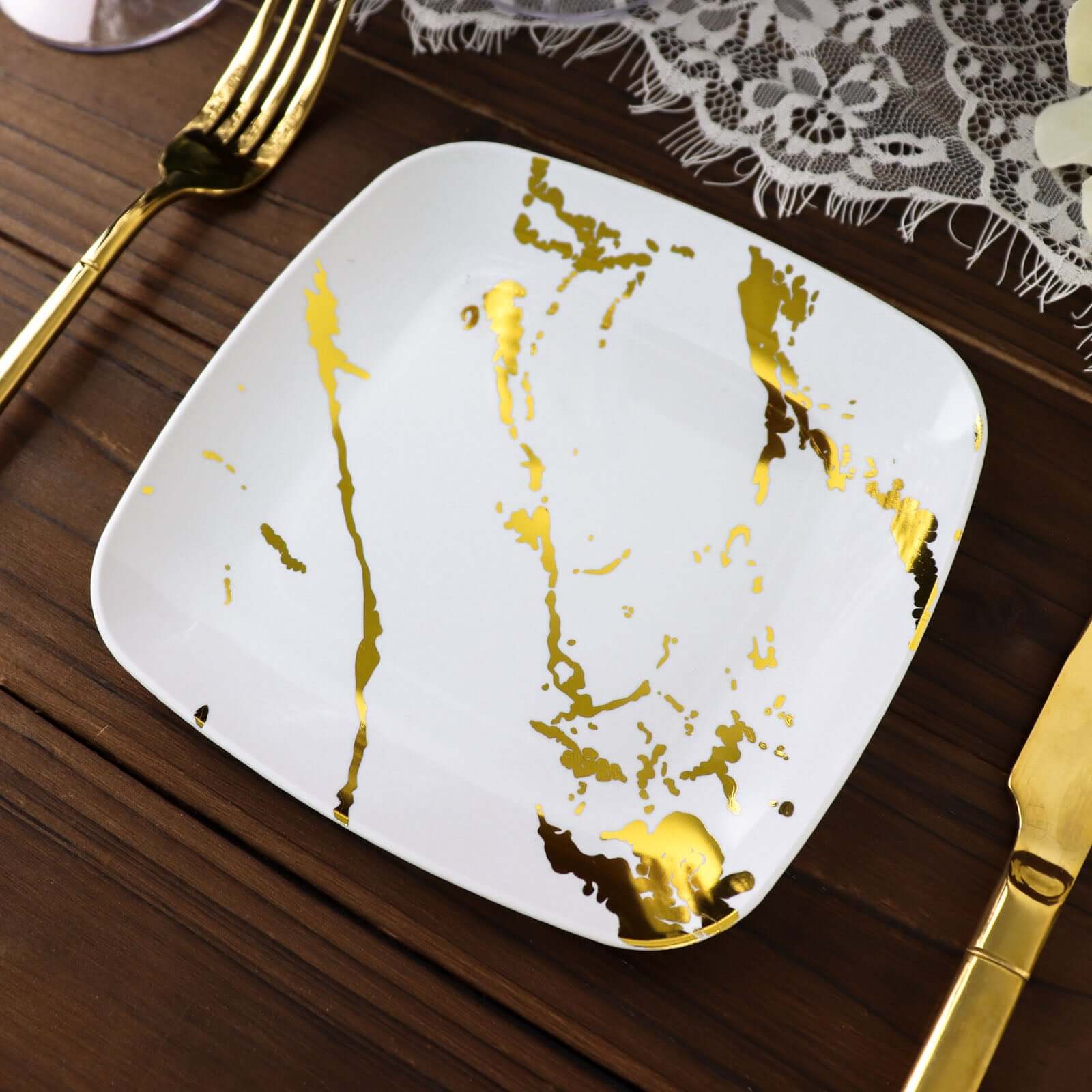 10-Pack Plastic Square Dessert Plates 8" White with Gold Marble Design - Disposable Appetizer Salad Party Plates for Sophisticated Dining & Festive Events - Image 9