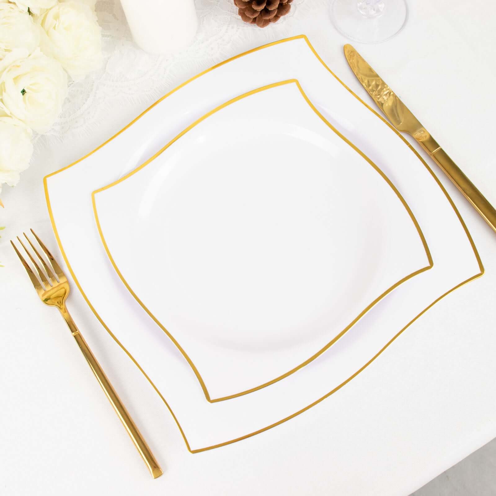 10-Pack Plastic Square Dessert Plates 8" White with Gold Wavy Rim Modern - Disposable Salad Appetizer Party Plates for Stylish Events & Banquets