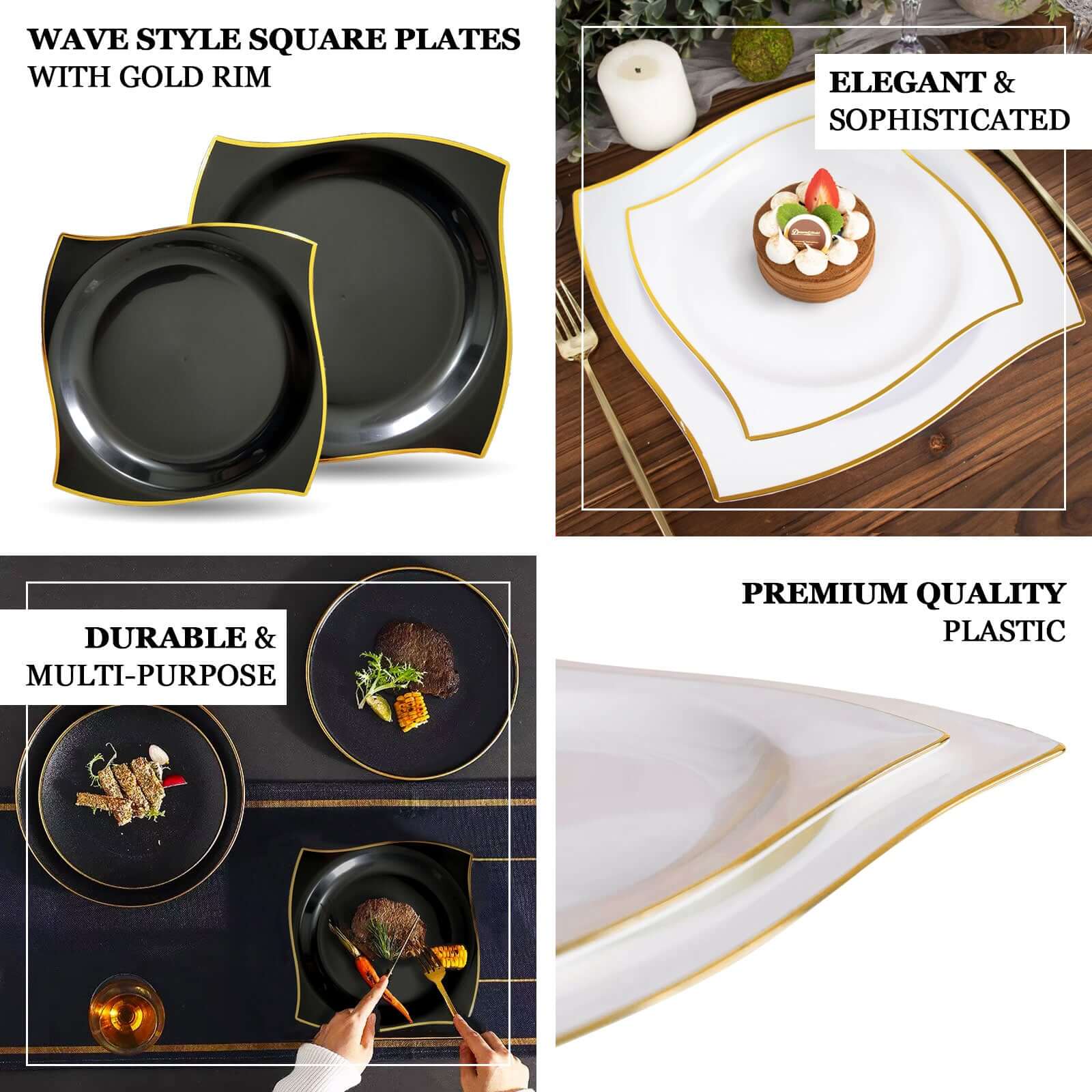 10-Pack Plastic Square Dessert Plates 8" White with Gold Wavy Rim Modern - Disposable Salad Appetizer Party Plates for Stylish Events & Banquets - Image 4