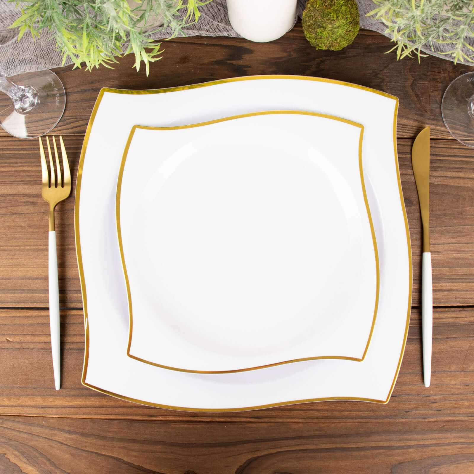 10-Pack Plastic Square Dessert Plates 8" White with Gold Wavy Rim Modern - Disposable Salad Appetizer Party Plates for Stylish Events & Banquets - Image 6