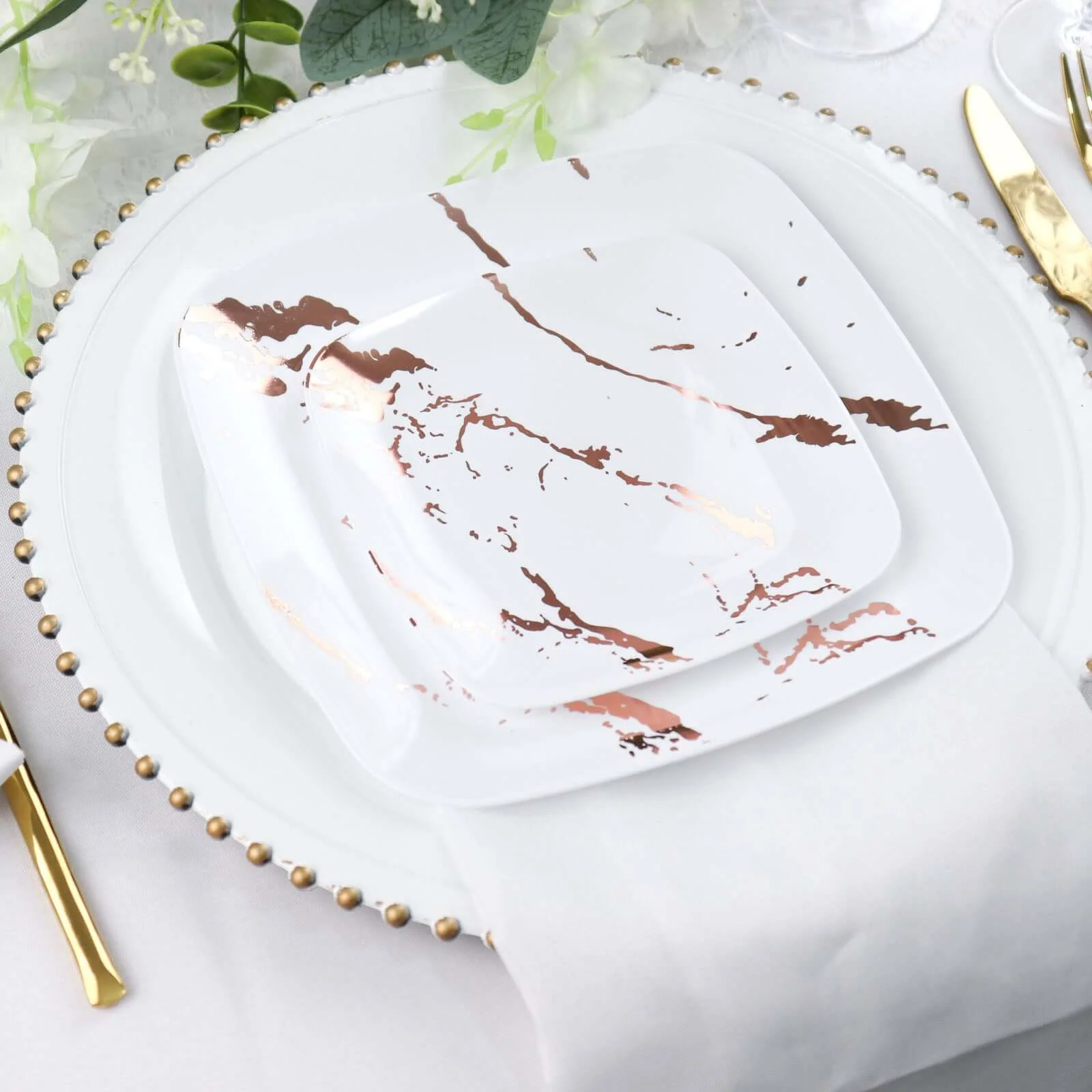 10-Pack Plastic Square Dessert Plates 8" White with Rose Gold Marble Design - Disposable Appetizer Salad Party Plates - Image 14