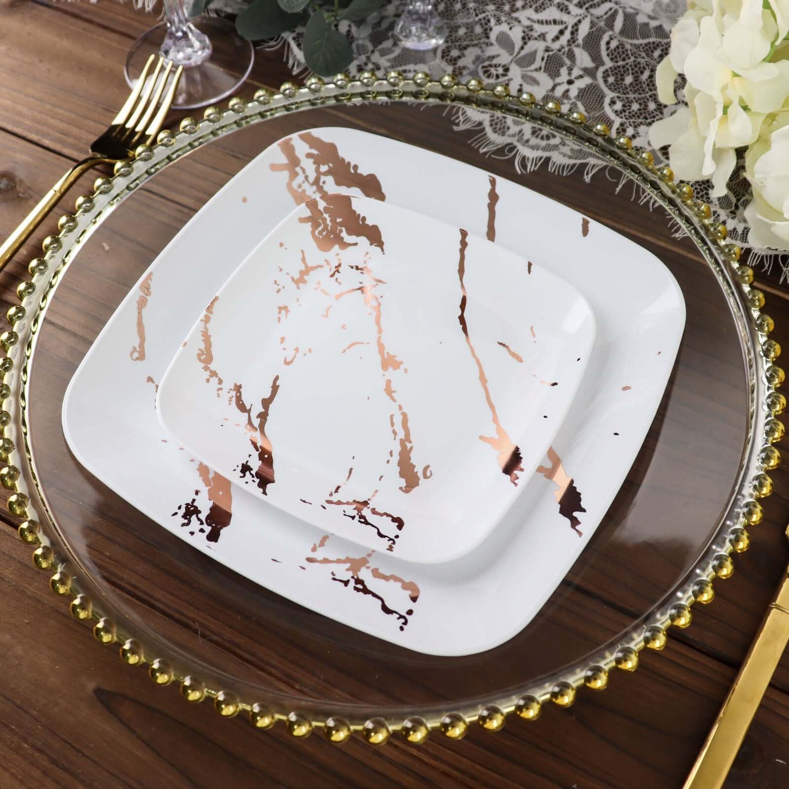 10-Pack Plastic Square Dessert Plates 8" White with Rose Gold Marble Design - Disposable Appetizer Salad Party Plates - Image 2