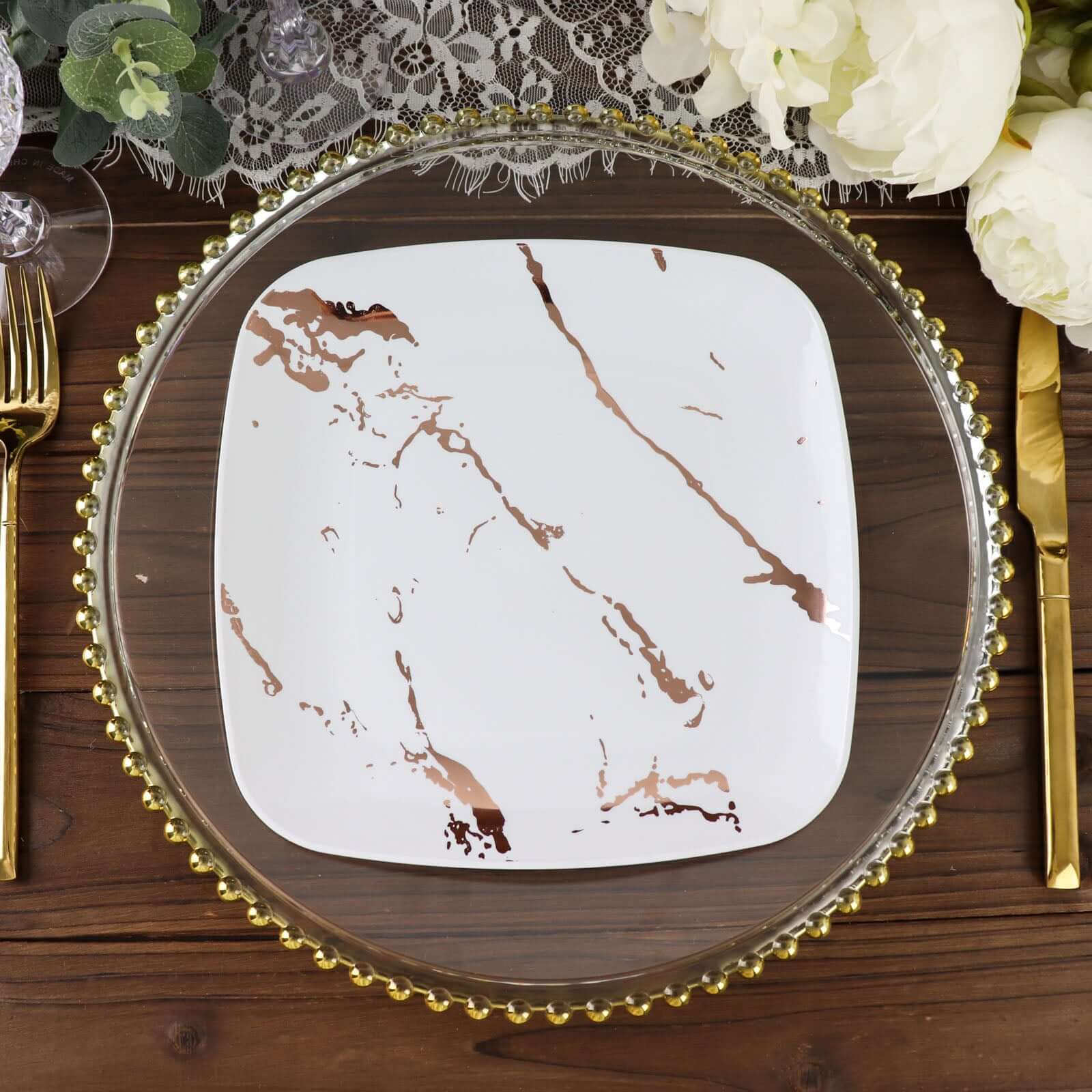10-Pack Plastic Square Dessert Plates 8" White with Rose Gold Marble Design - Disposable Appetizer Salad Party Plates - Image 4