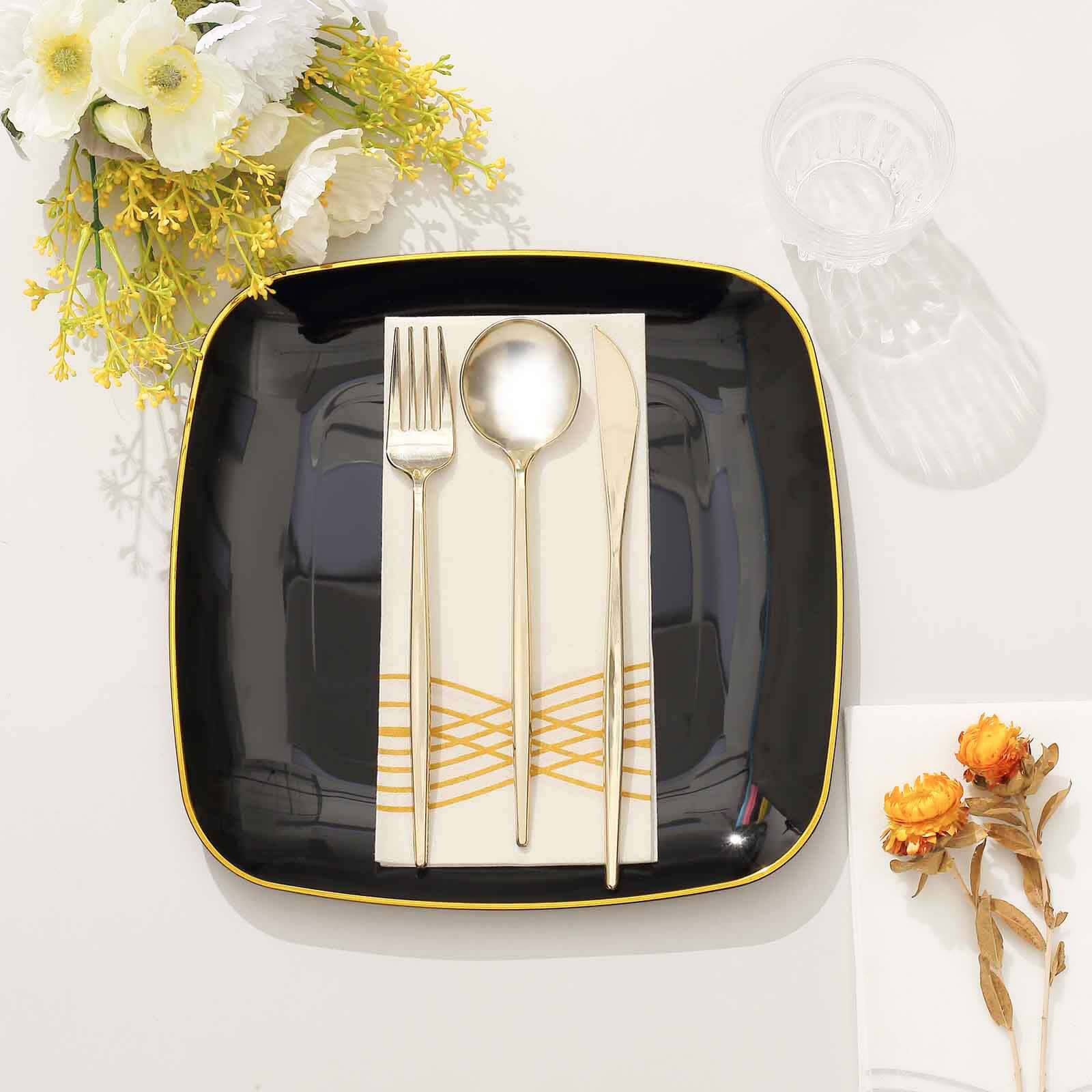 10-Pack Plastic Square Dinner Plates 10" Black with Gold Rim - Sleek Disposable Lunch Party Plates - Image 9
