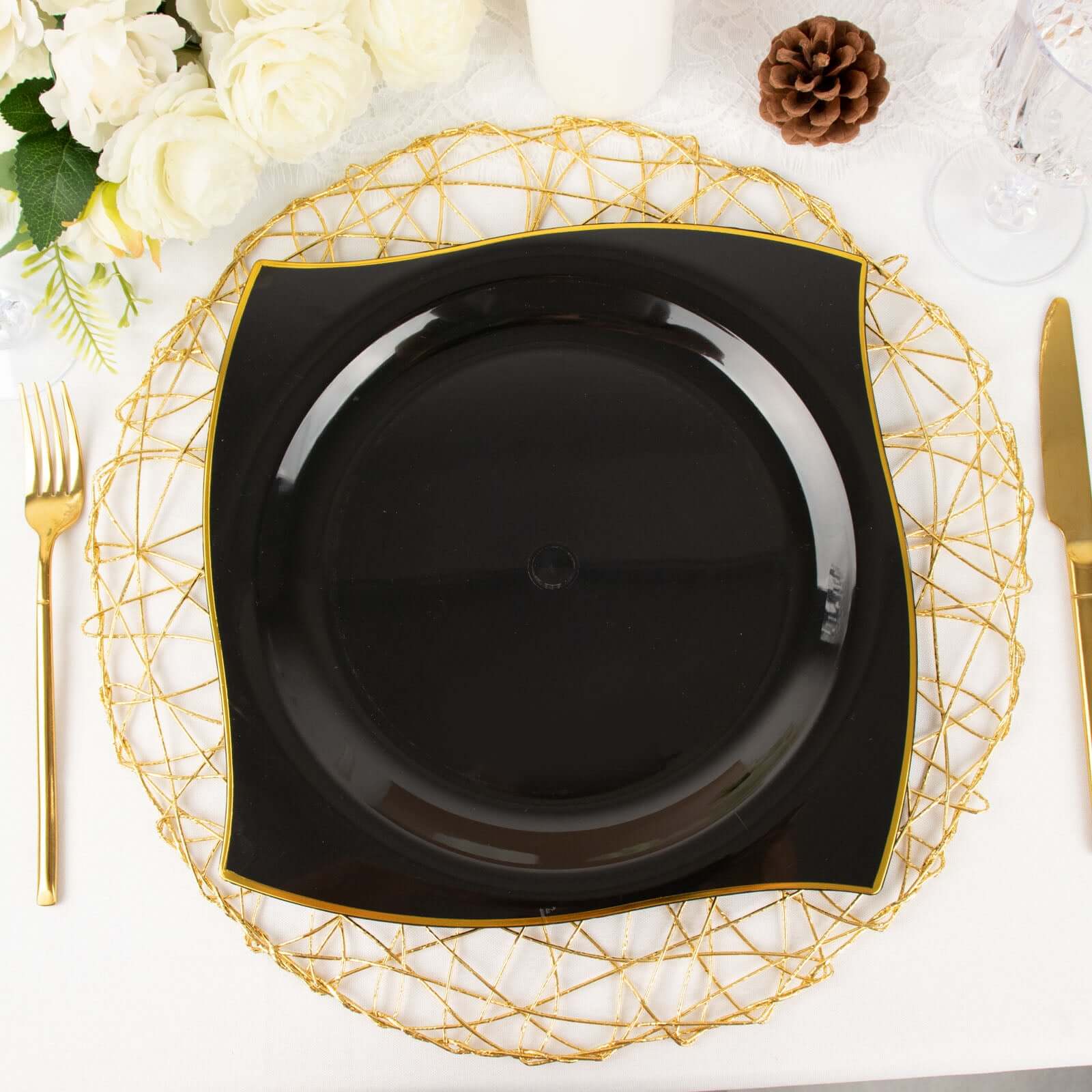 10-Pack Plastic Square Dinner Plates 10" Black with Gold Wavy Rim Modern - Disposable Party Plates - Image 12
