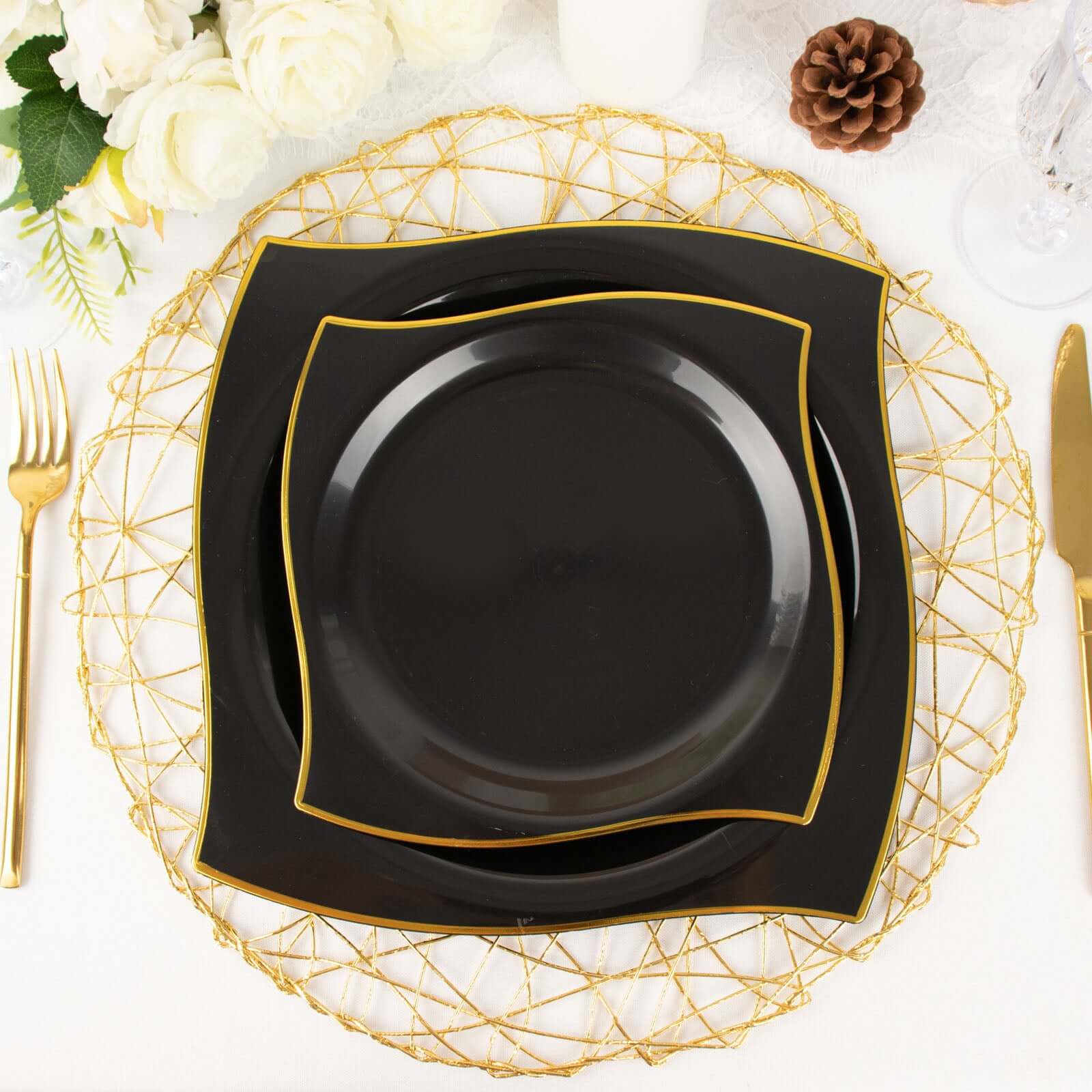 10-Pack Plastic Square Dinner Plates 10" Black with Gold Wavy Rim Modern - Disposable Party Plates - Image 2