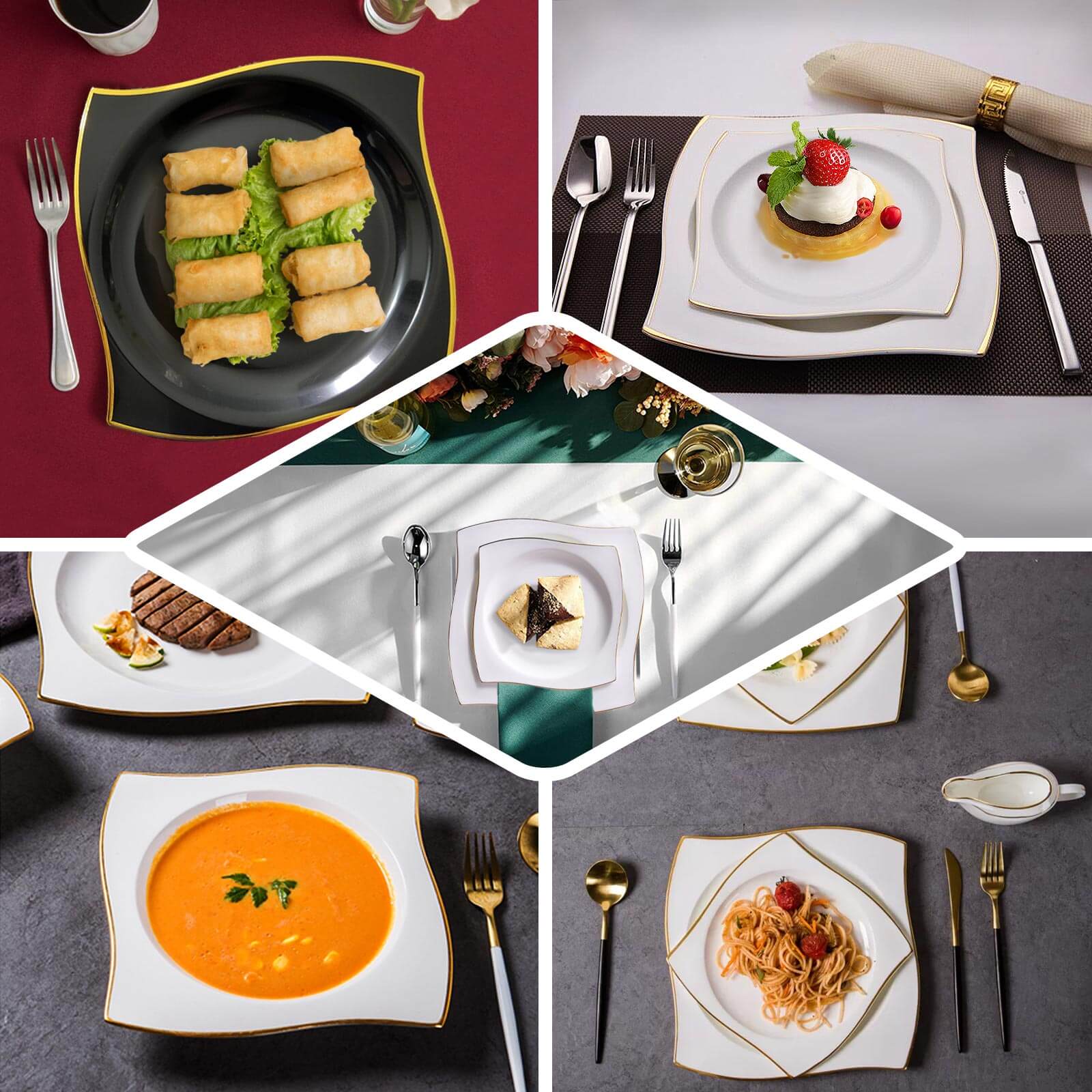 10-Pack Plastic Square Dinner Plates 10" Black with Gold Wavy Rim Modern - Disposable Party Plates - Image 5