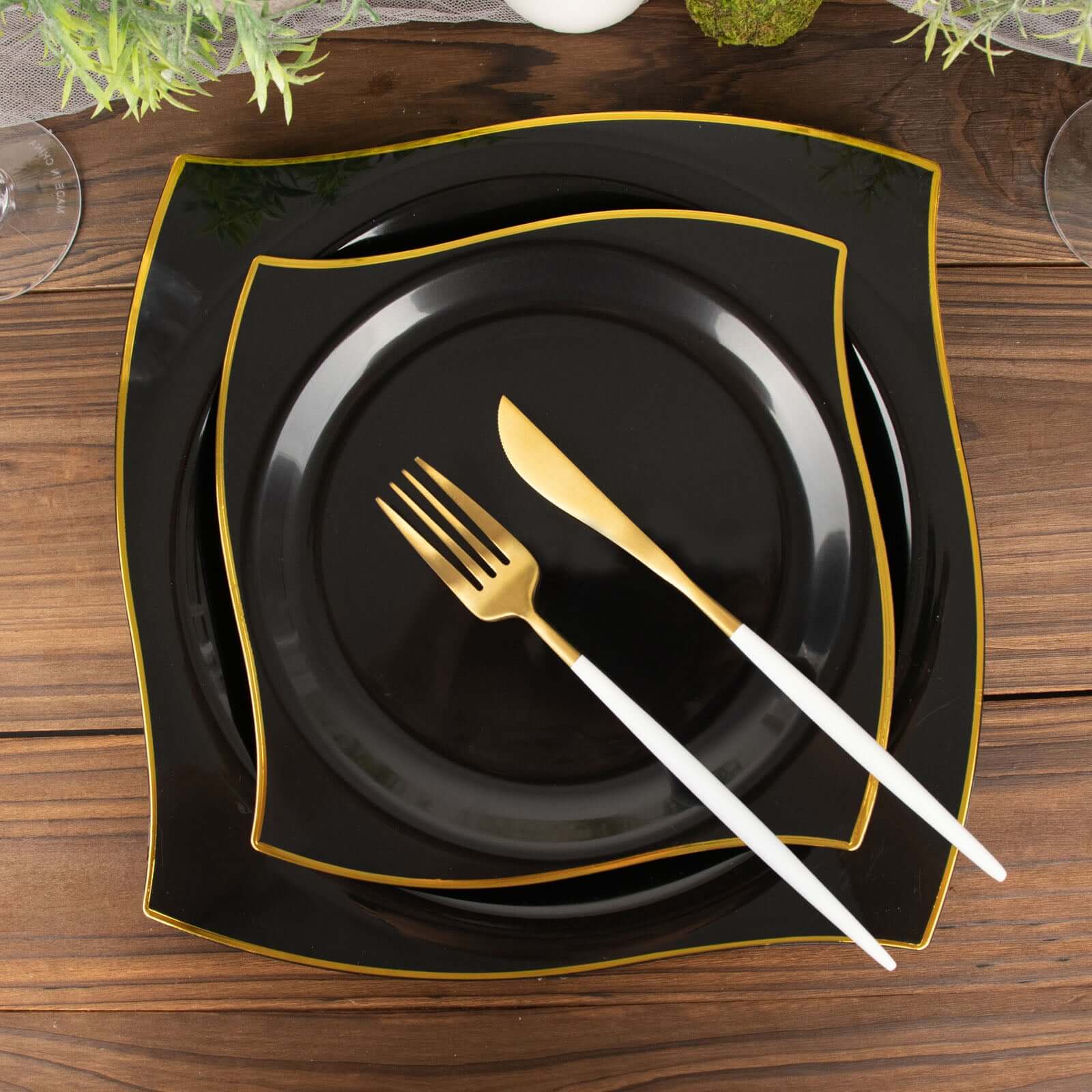 10-Pack Plastic Square Dinner Plates 10" Black with Gold Wavy Rim Modern - Disposable Party Plates - Image 9