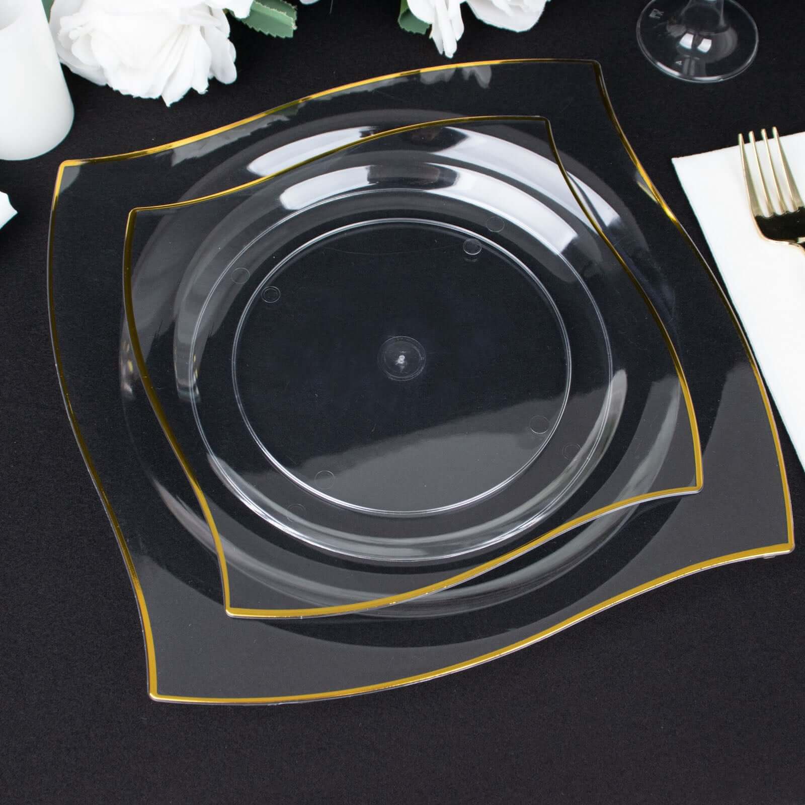 10-Pack Plastic Square Dinner Plates 10" Clear with Gold Wavy Rim Modern - Disposable Party Plates - Image 2