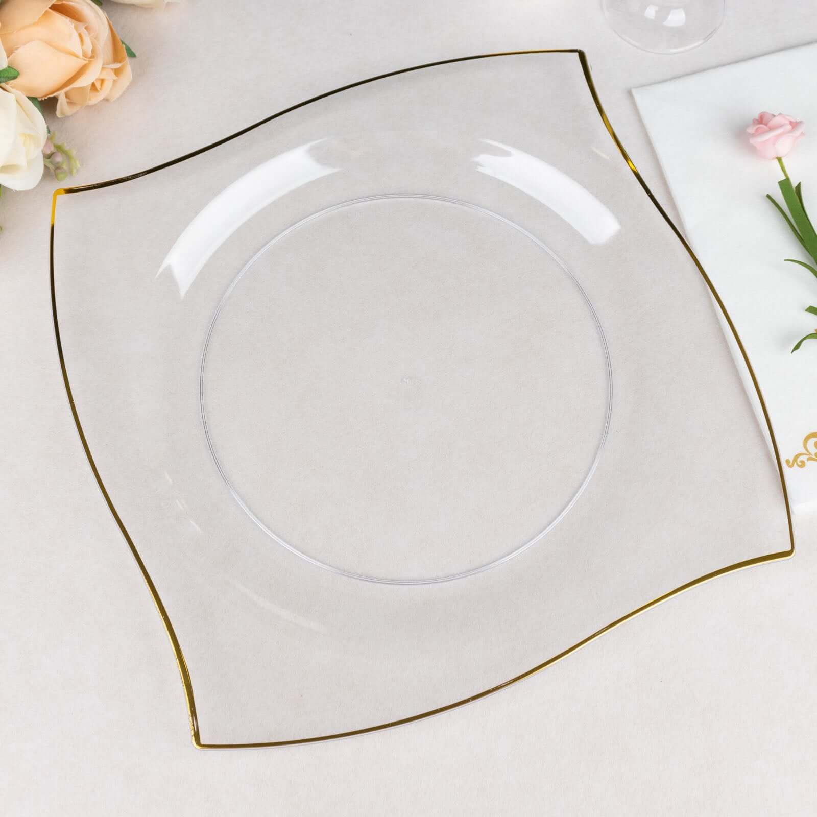 10-Pack Plastic Square Dinner Plates 10" Clear with Gold Wavy Rim Modern - Disposable Party Plates - Image 6