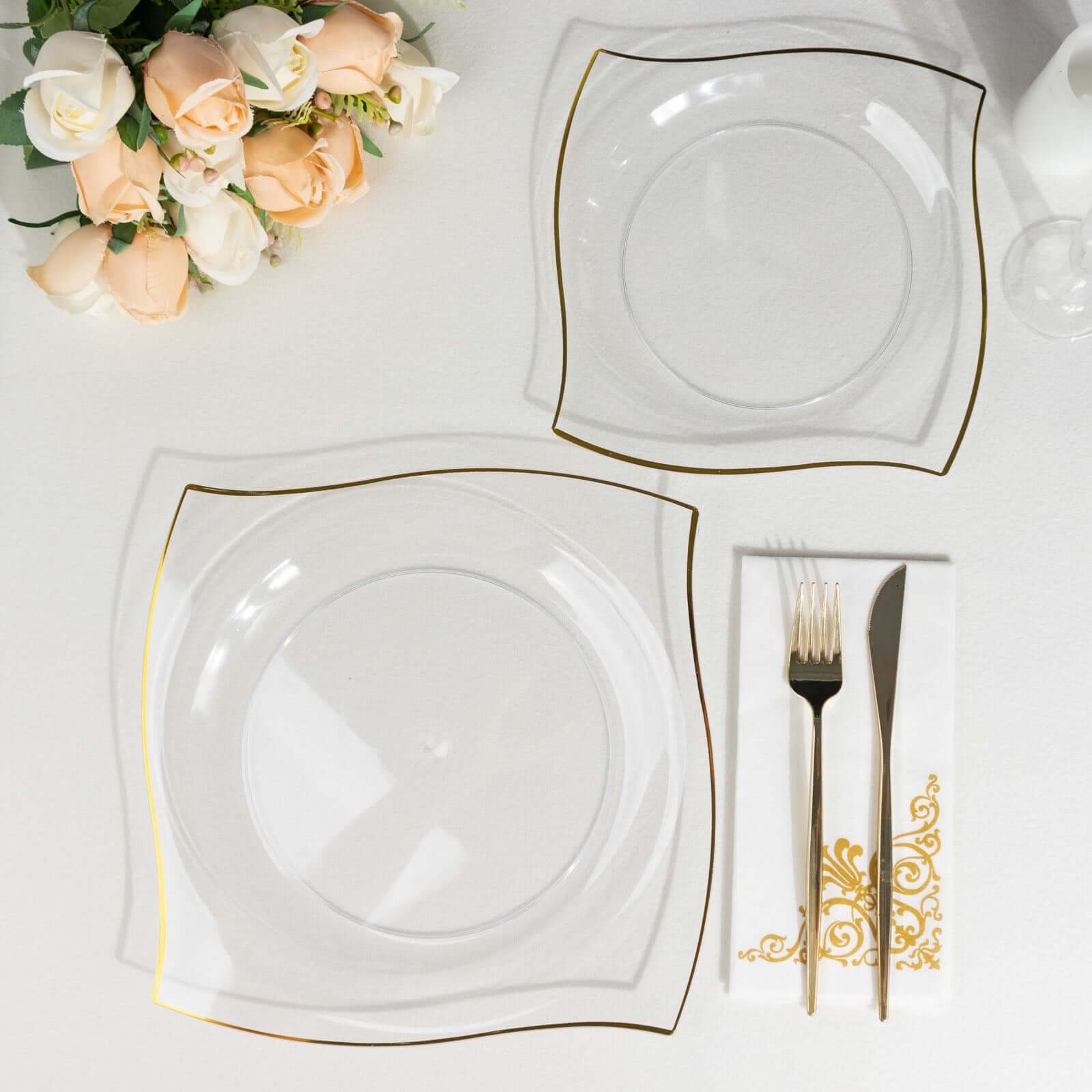 10-Pack Plastic Square Dinner Plates 10" Clear with Gold Wavy Rim Modern - Disposable Party Plates - Image 8