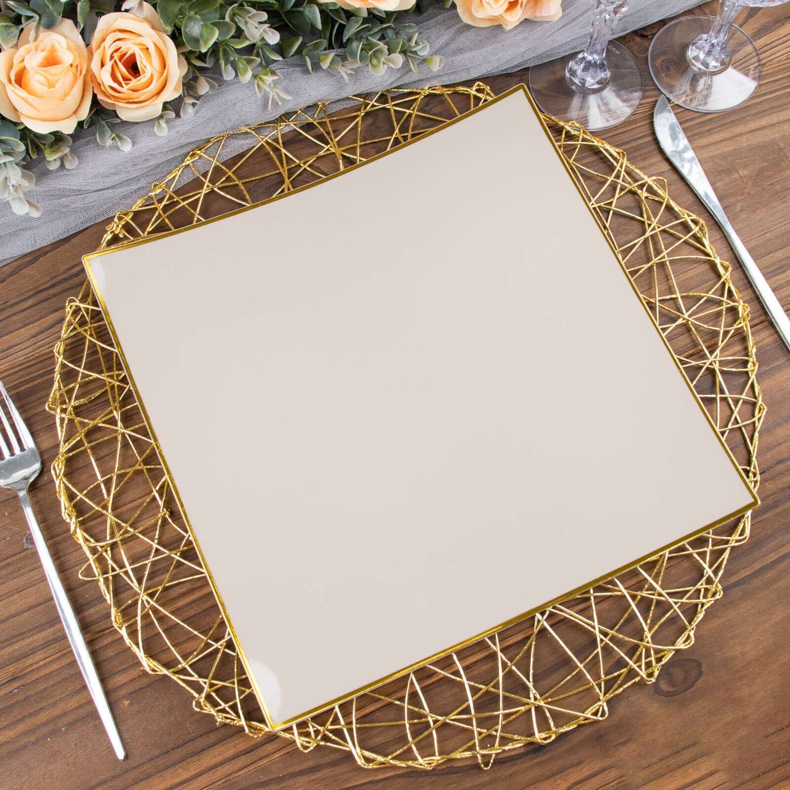 10-Pack Plastic Square Dinner Plates 10" Taupe Concave Style with Gold Rim - Modern Disposable Party Plates - Image 10
