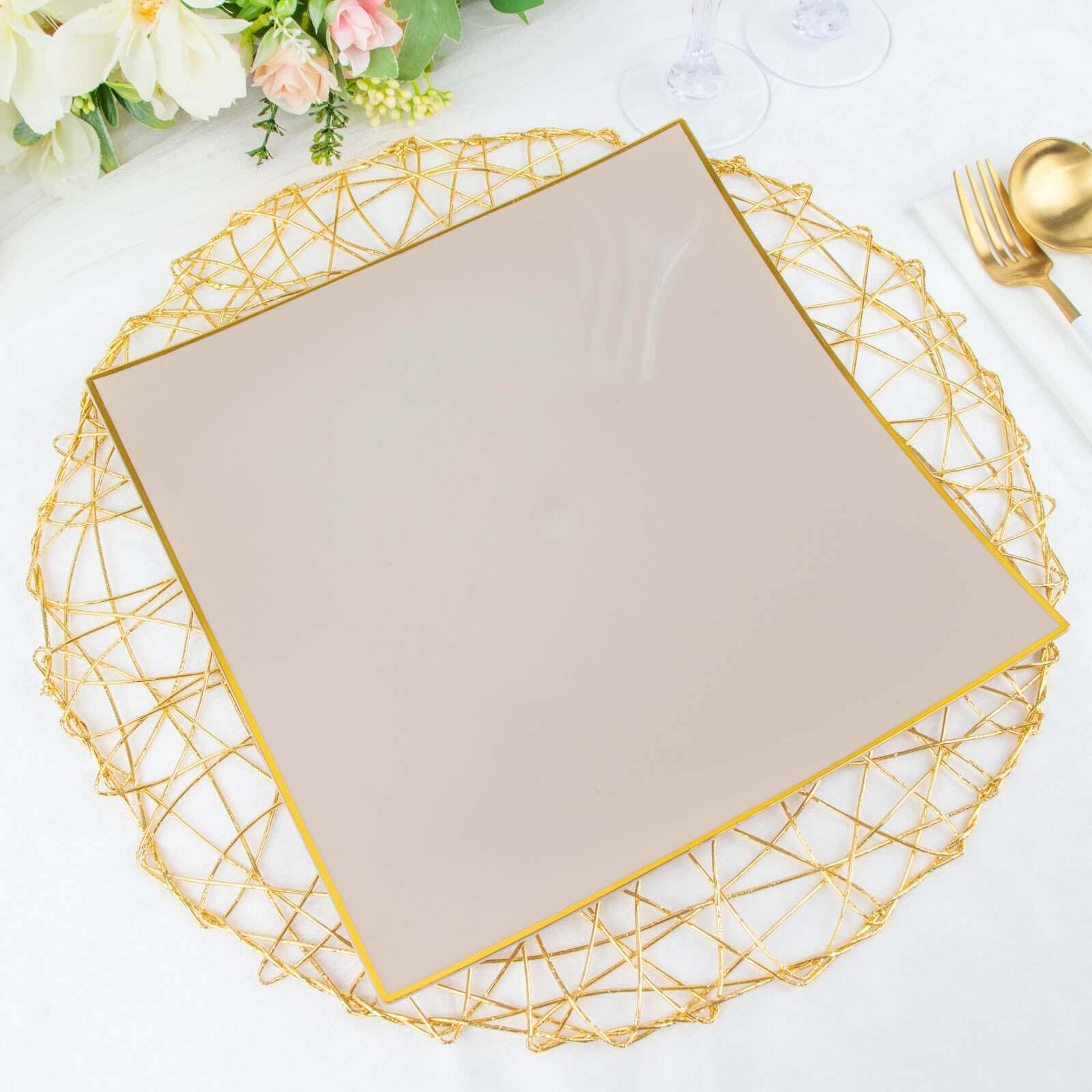 10-Pack Plastic Square Dinner Plates 10" Taupe Concave Style with Gold Rim - Modern Disposable Party Plates - Image 11