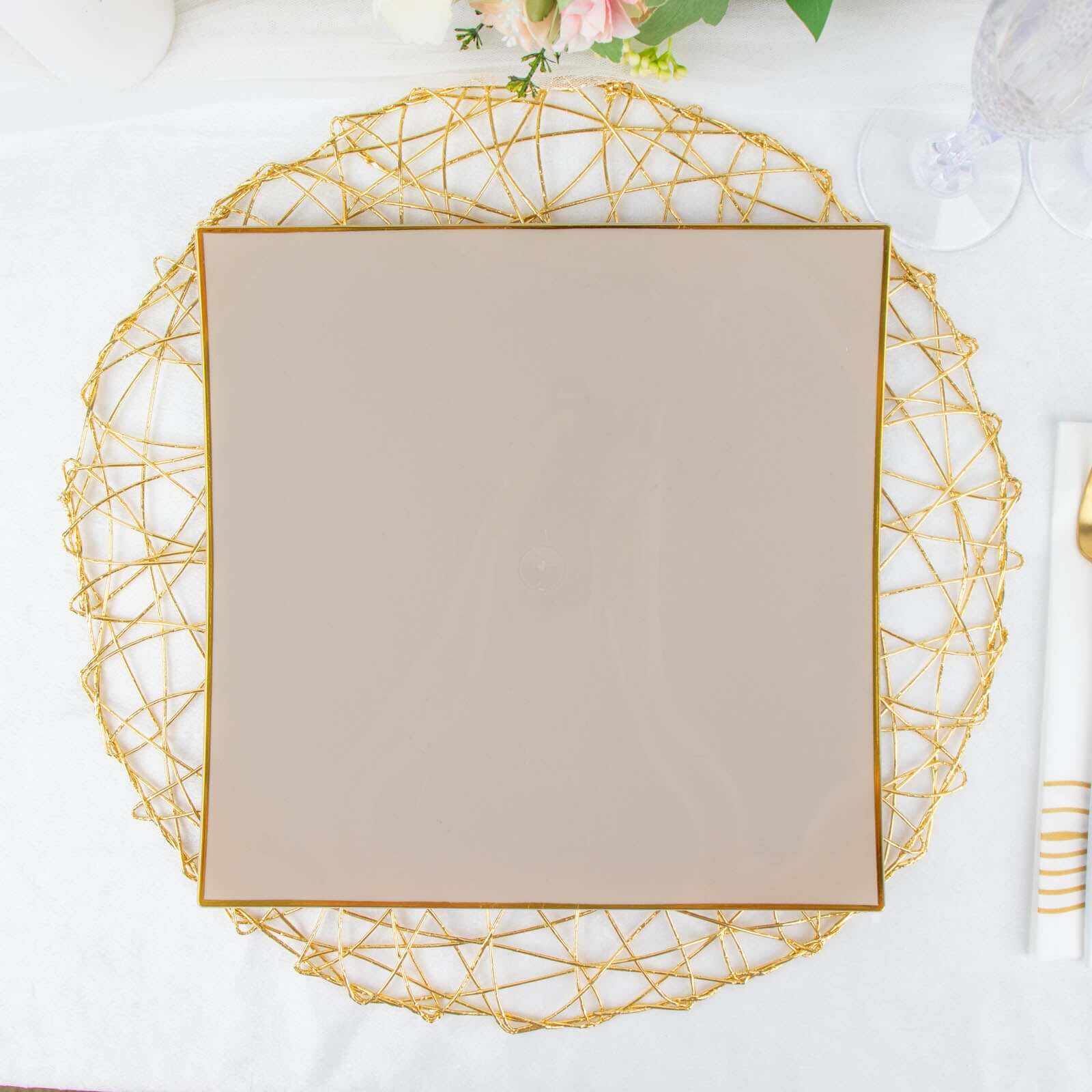 10-Pack Plastic Square Dinner Plates 10" Taupe Concave Style with Gold Rim - Modern Disposable Party Plates - Image 12