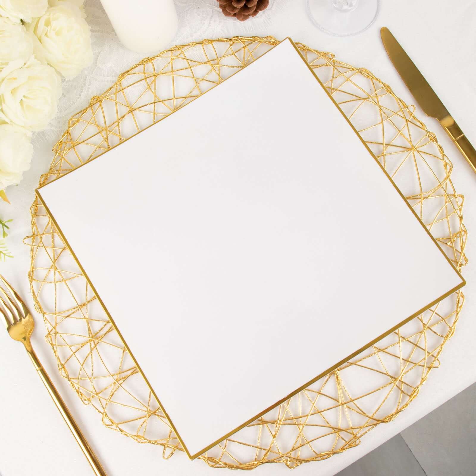 10-Pack Plastic Square Dinner Plates 10" White Concave Style with Gold Rim - Modern Disposable Party Plates for Formal Dinners & Banquets - Image 13