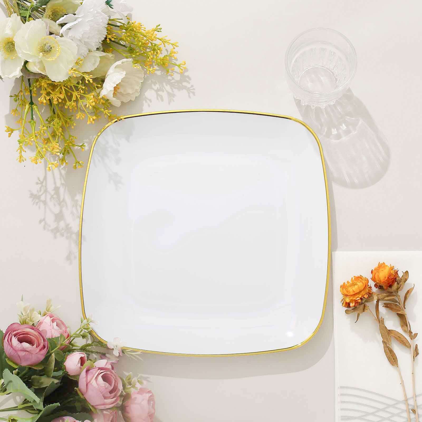 10-Pack Plastic Square Dinner Plates 10" White with Gold Rim - Sleek Disposable Lunch Party Plates for Events & Banquets - Image 2