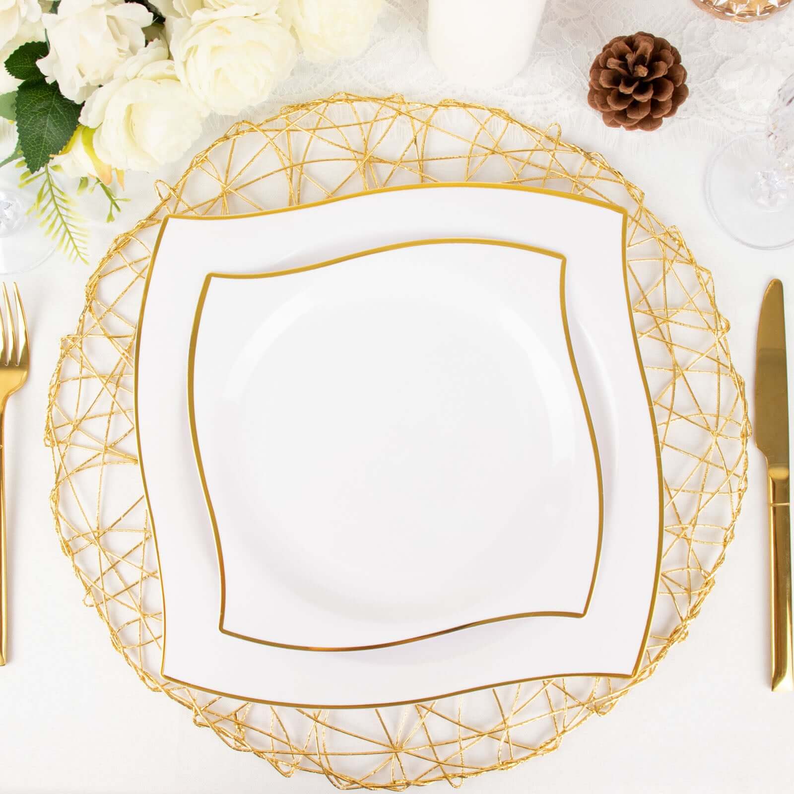 10-Pack Plastic Square Dinner Plates 10" White with Gold Wavy Rim Modern - Disposable Party Plates for Stylish Events & Banquets - Image 2