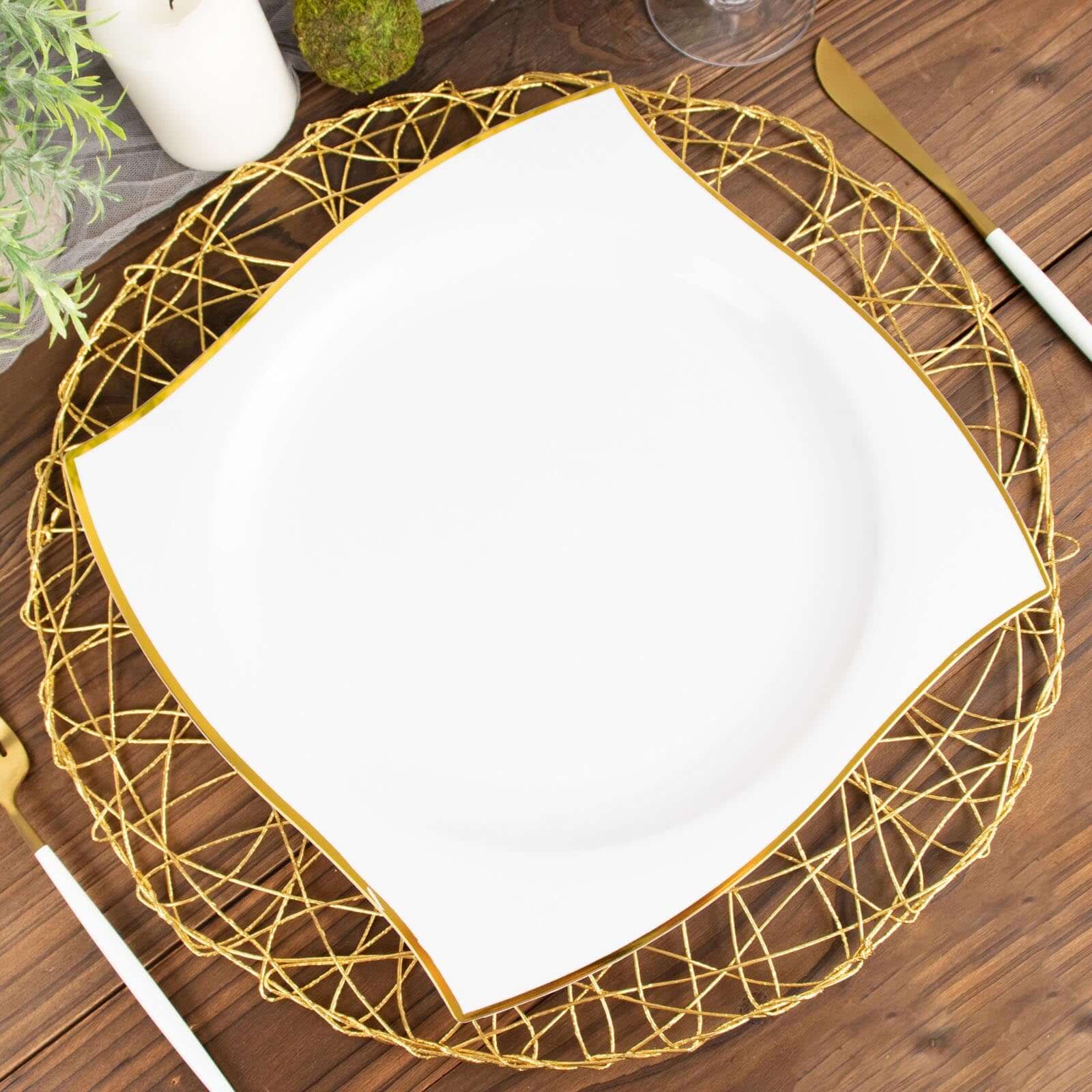 10-Pack Plastic Square Dinner Plates 10" White with Gold Wavy Rim Modern - Disposable Party Plates for Stylish Events & Banquets - Image 6