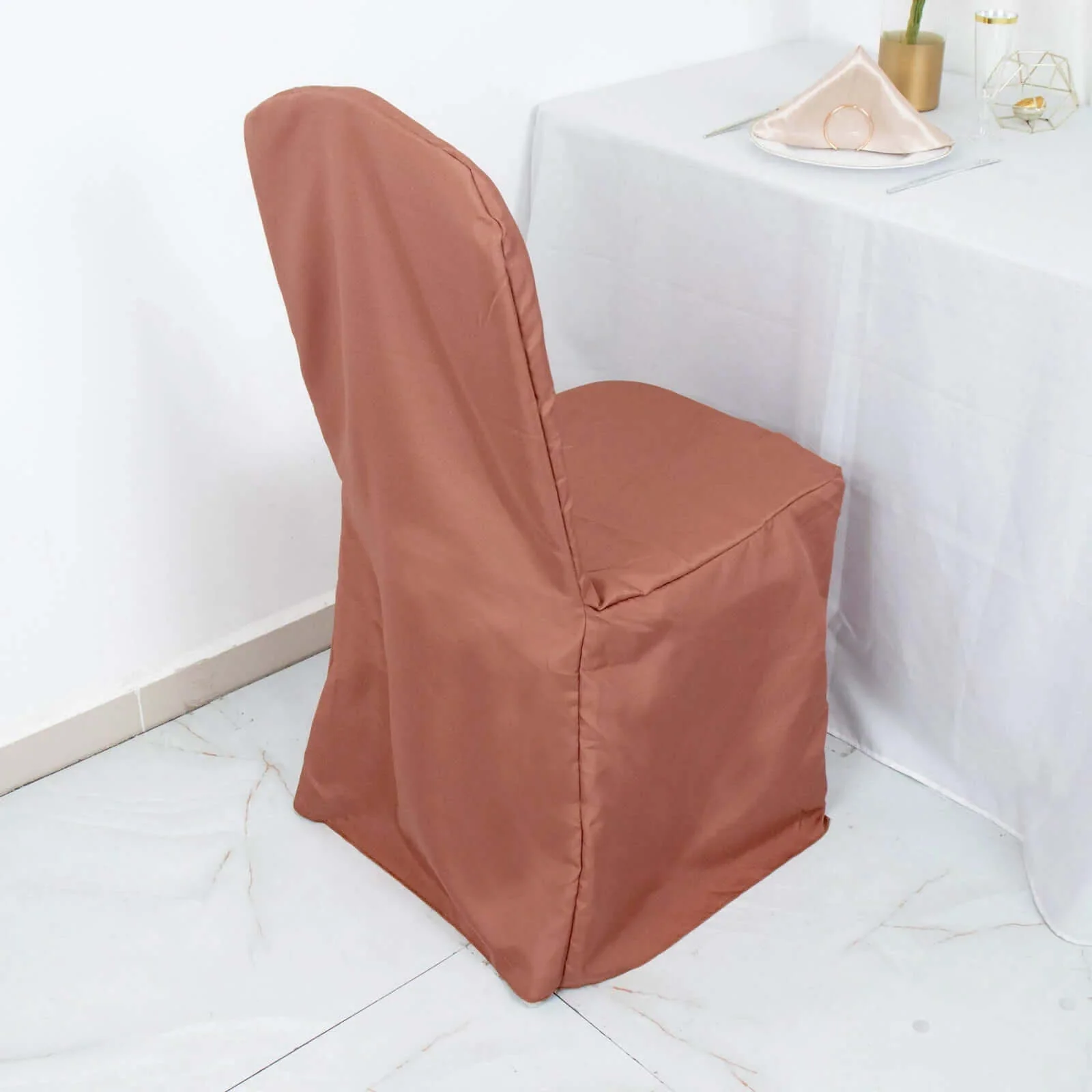 10 Pack Polyester Banquet Chair Covers Terracotta (Rust) - Reusable Stain-Resistant Slipcovers - Image 5