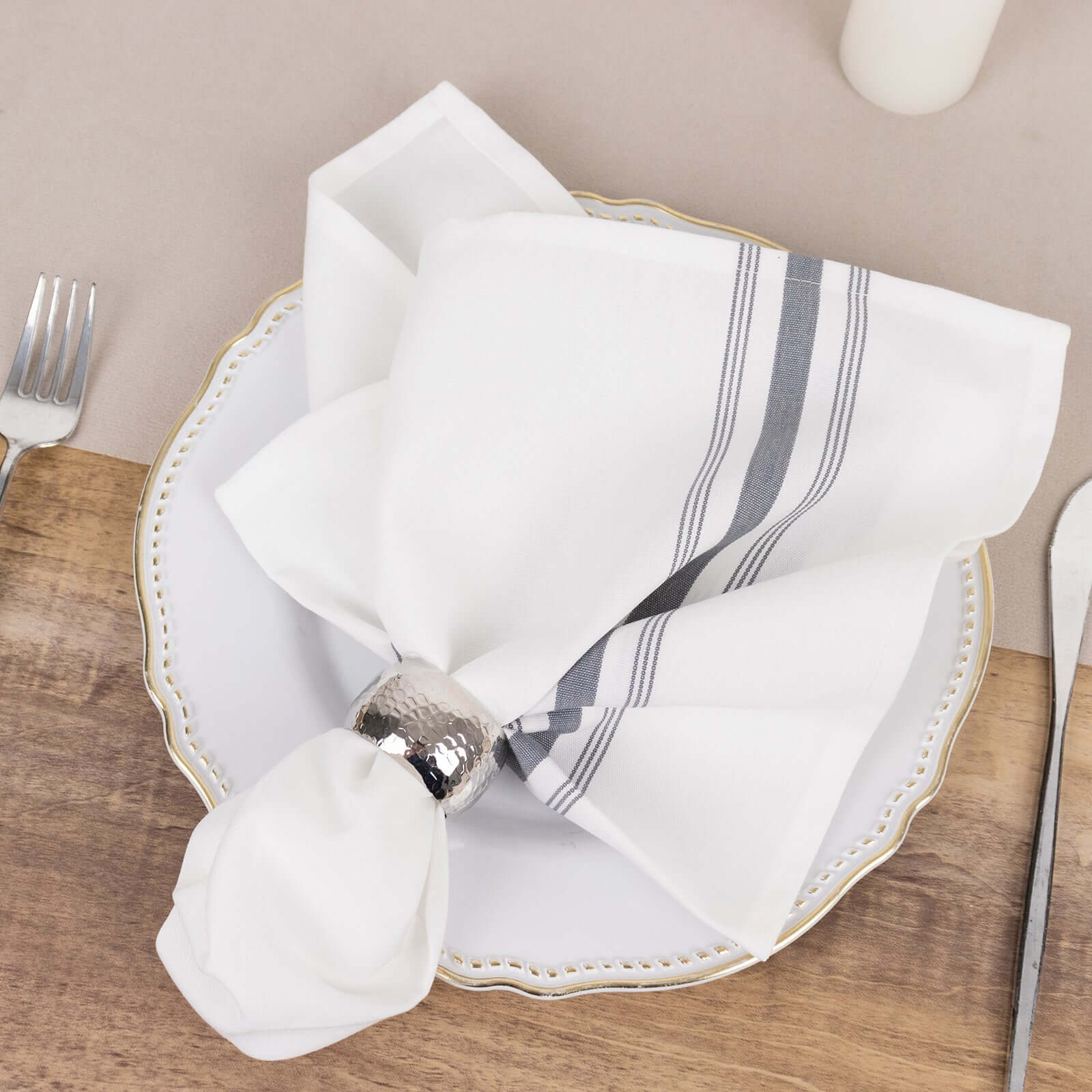 10 Pack Premium Spun Polyester Napkins 18"x22" White/Gray Bistro Style - Soft & Highly Durable Dinner Napkins - Image 2