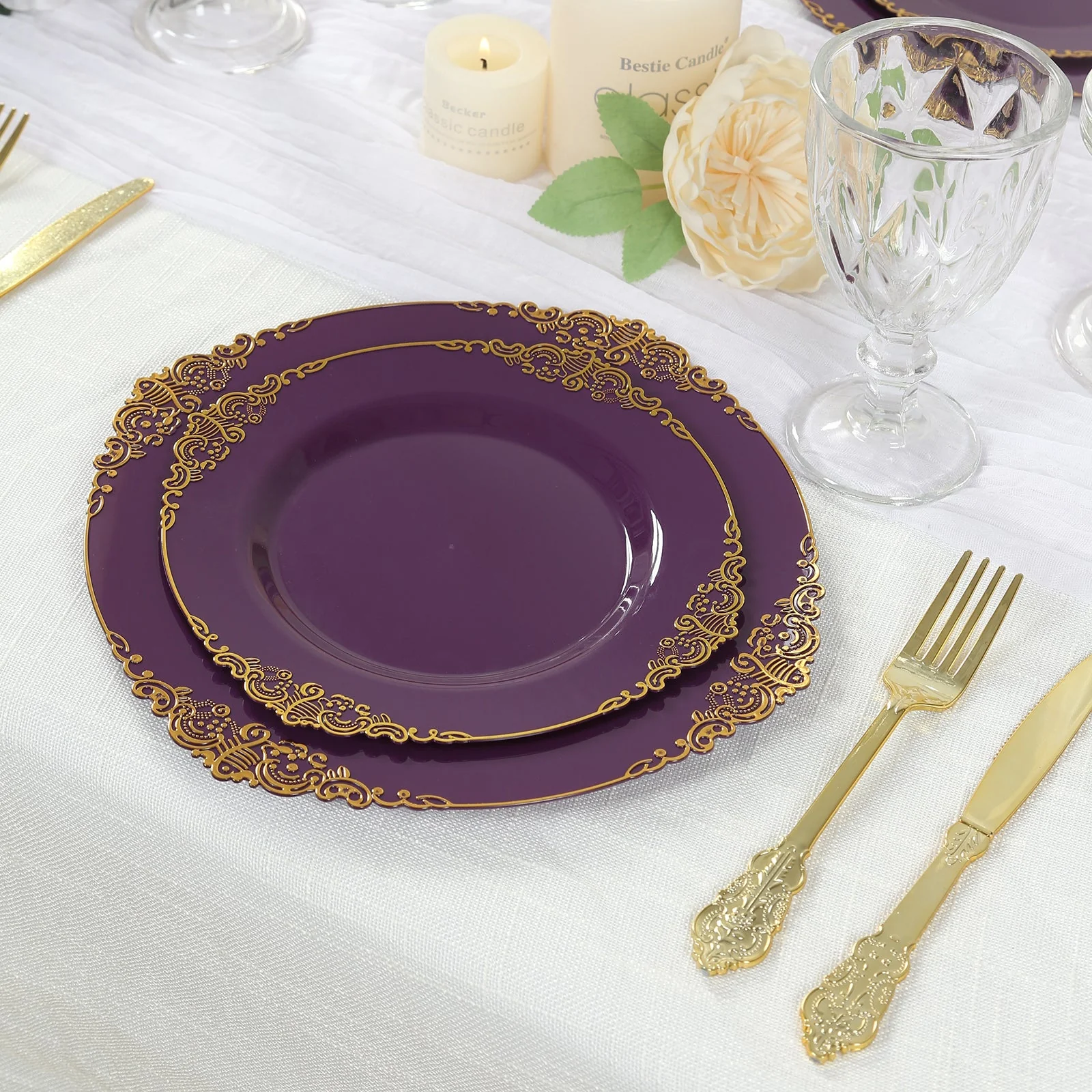 10-Pack Plastic Round Dessert Plates 8" Purple with Gold Leaf Embossed Rim - Vintage Baroque Style Disposable Salad Plates