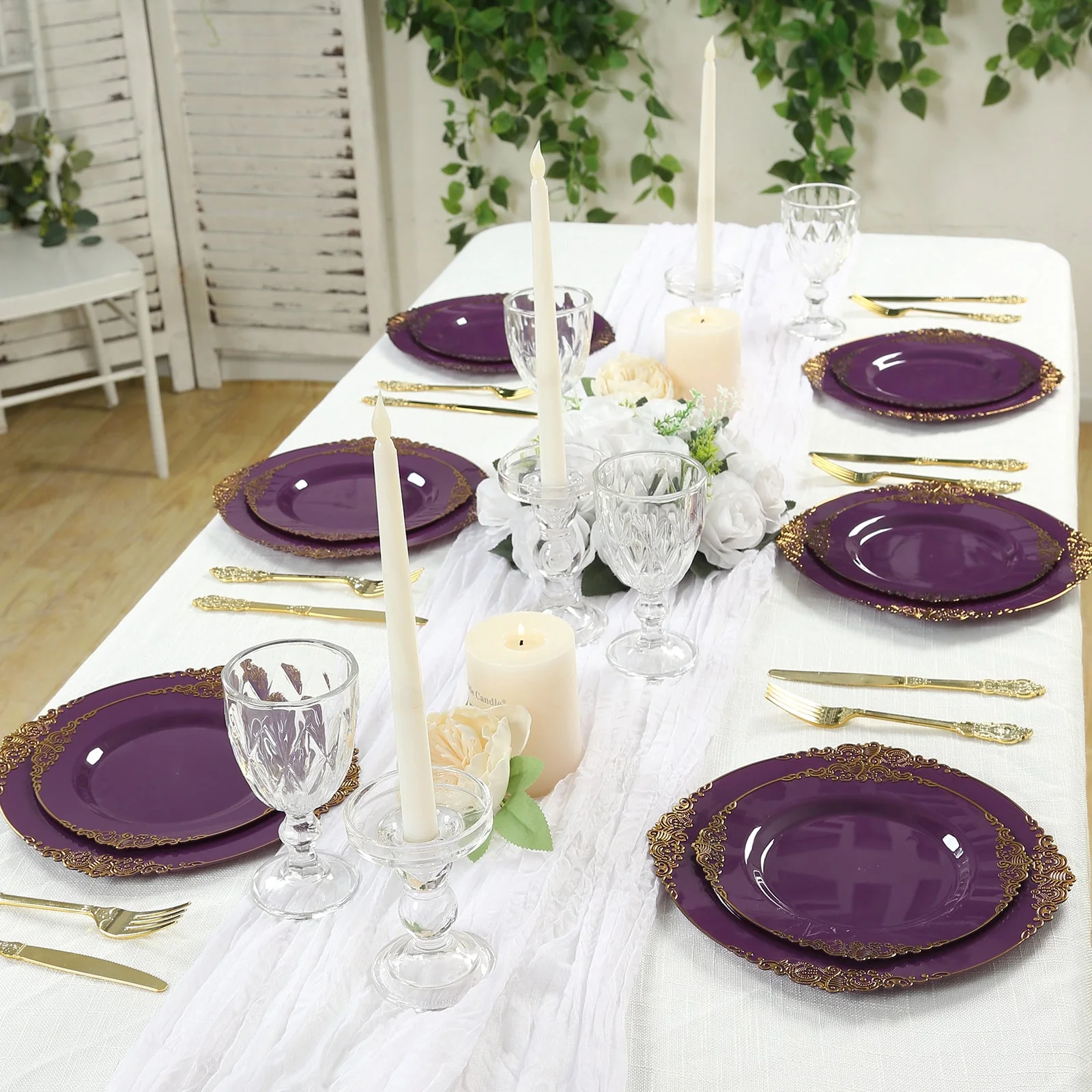 10-Pack Plastic Round Dessert Plates 8" Purple with Gold Leaf Embossed Rim - Vintage Baroque Style Disposable Salad Plates - Image 8