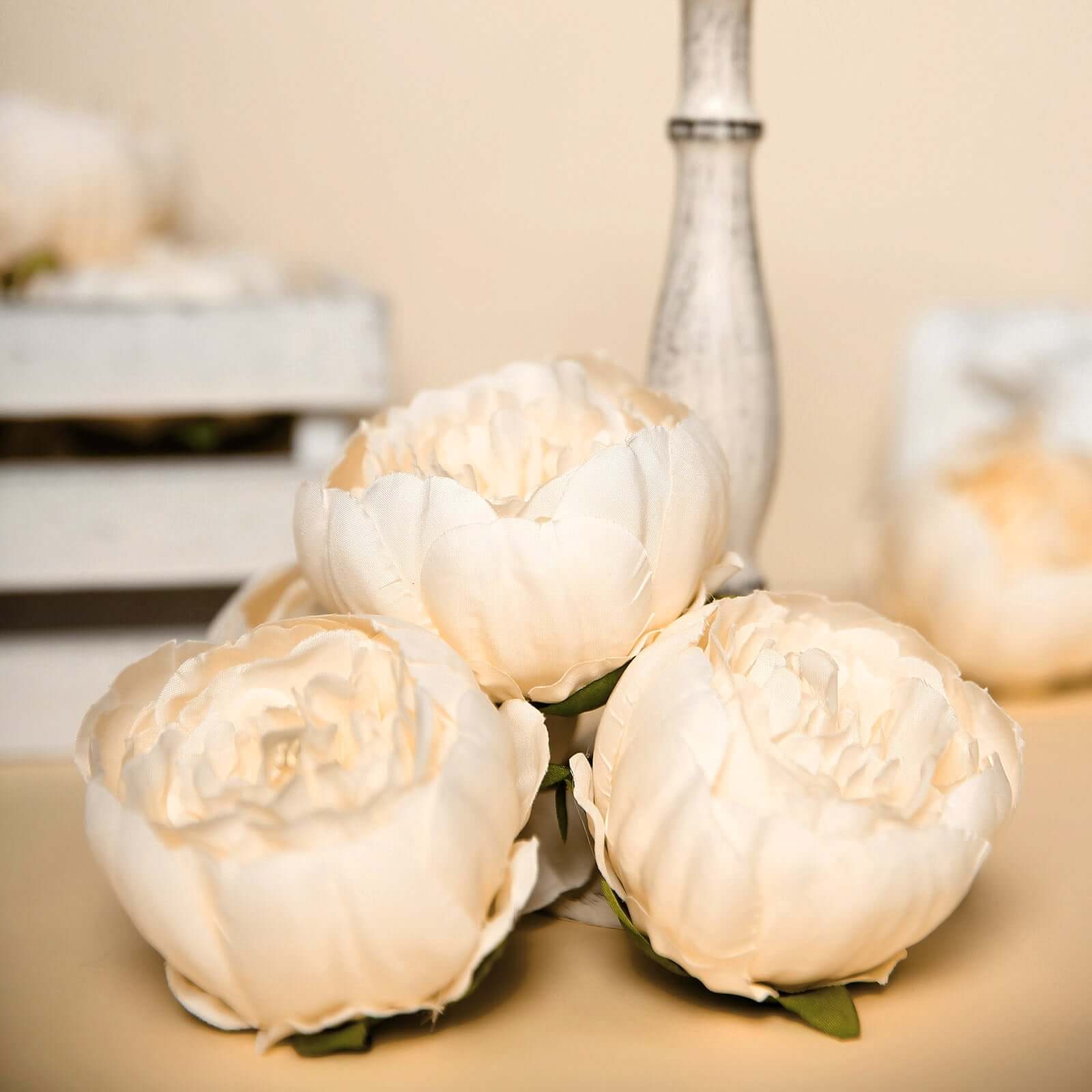 10-Pack Silk Peony Flower Heads 3" Beige - Realistic Faux Craft Flowers for Wedding Bouquets Centerpieces & Decorations - Image 2