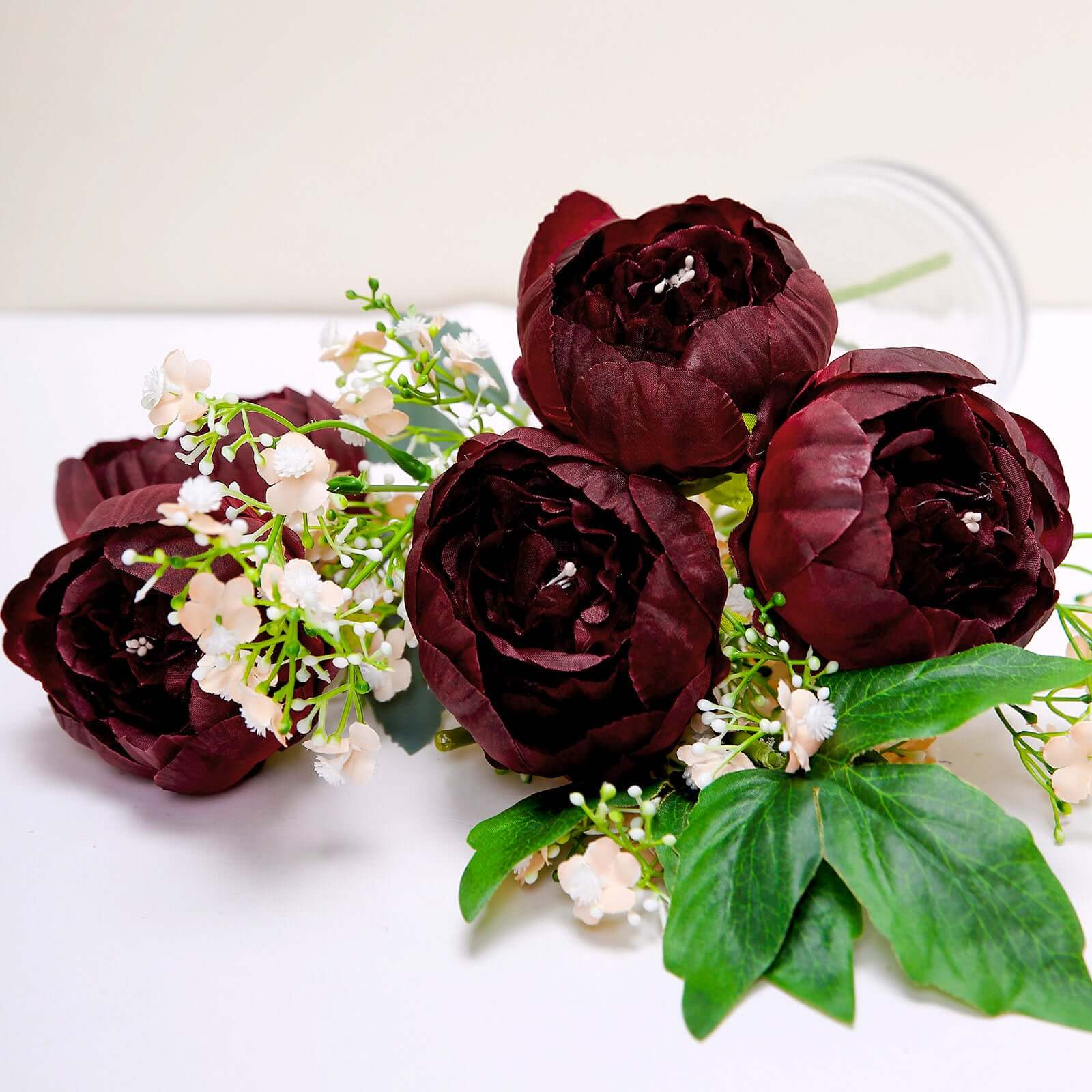 10-Pack Silk Peony Flower Heads 3" Burgundy - Realistic Faux Craft Flowers for Wedding Bouquets Centerpieces & Decorations - Image 6