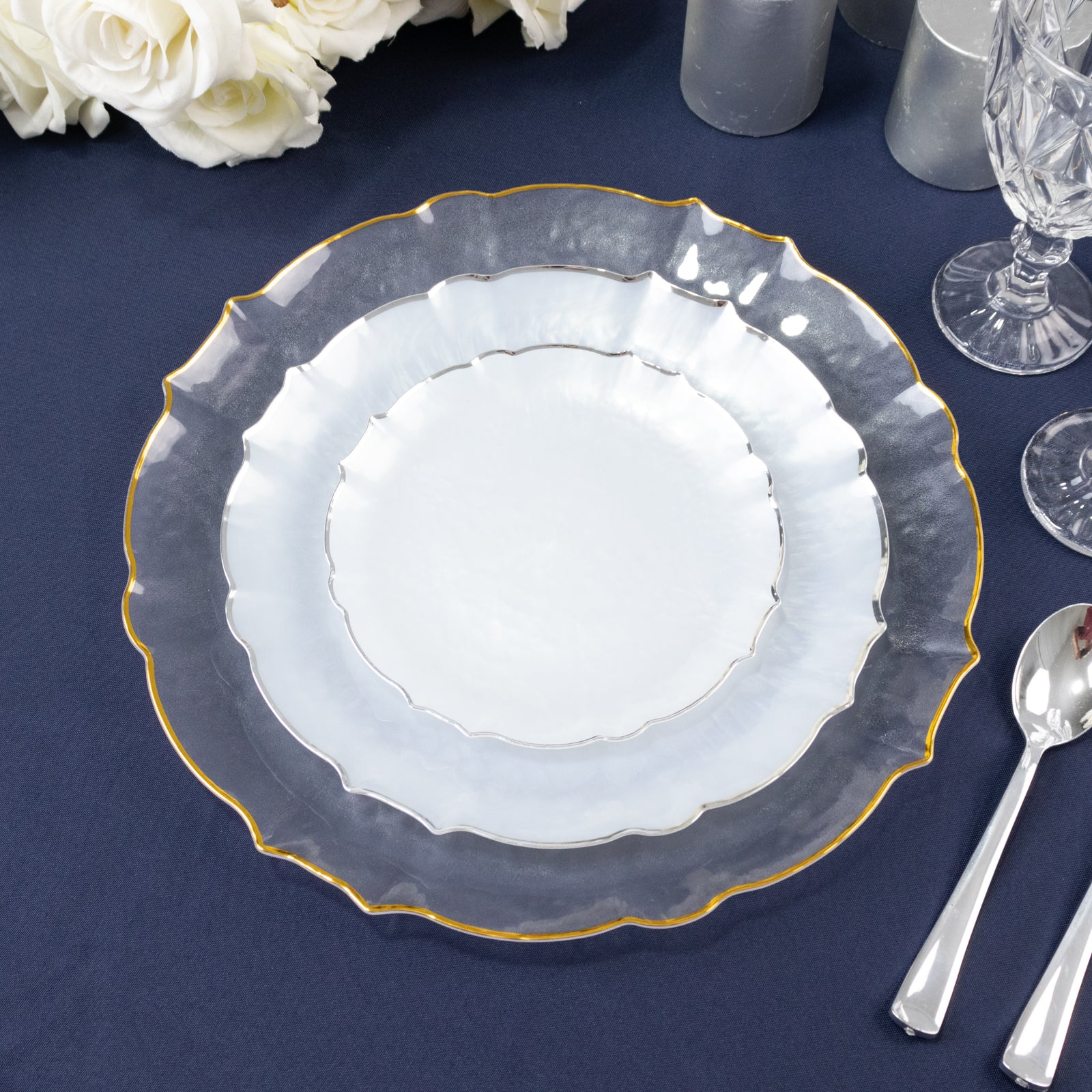 10-Pack Plastic Round Dinner Plates 10" Pearl White Sunflower with Silver Scalloped Rim - Disposable Party Plates for Sophisticated Events & Celebrations - Image 5