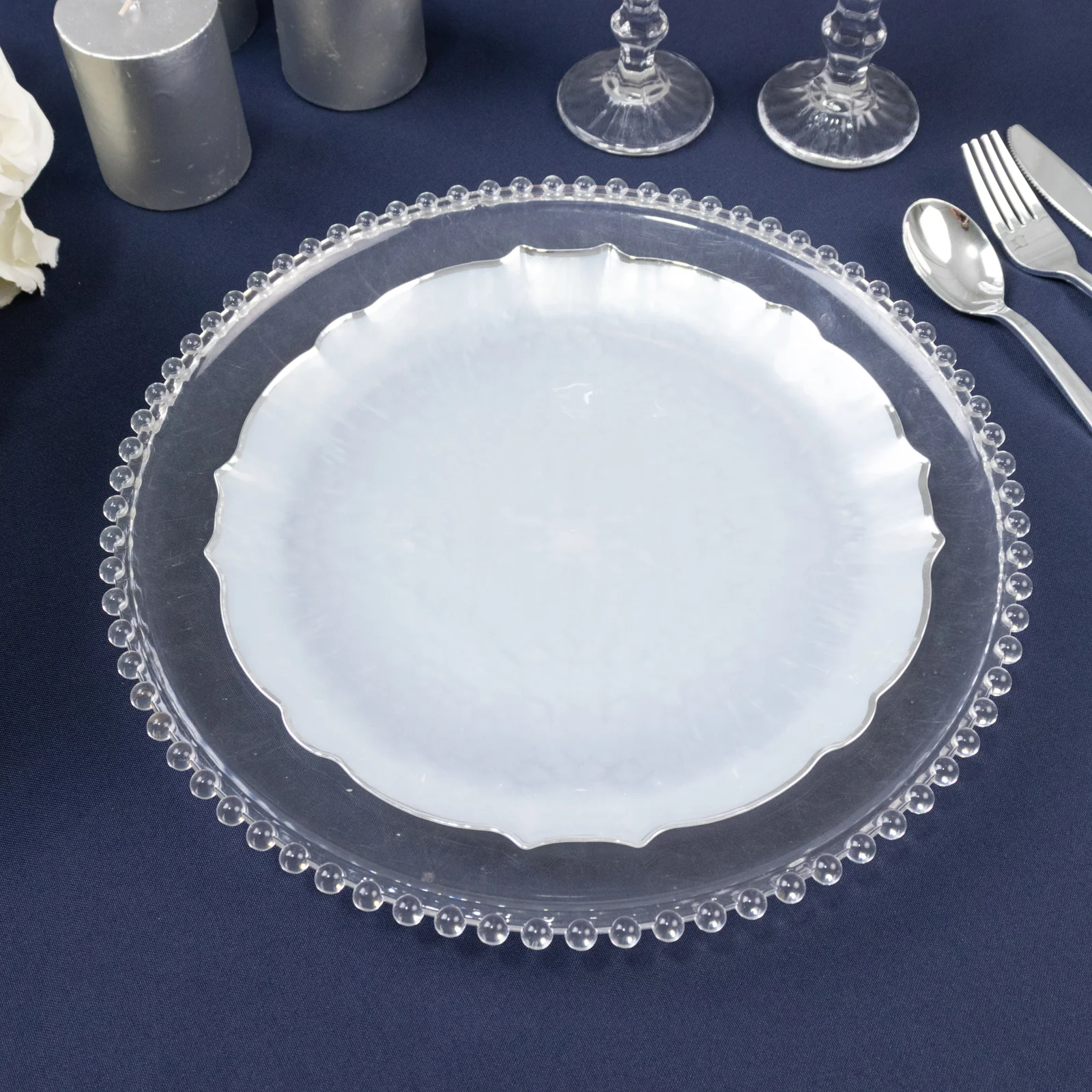 10-Pack Plastic Round Dinner Plates 10" Pearl White Sunflower with Silver Scalloped Rim - Disposable Party Plates for Sophisticated Events & Celebrations - Image 7