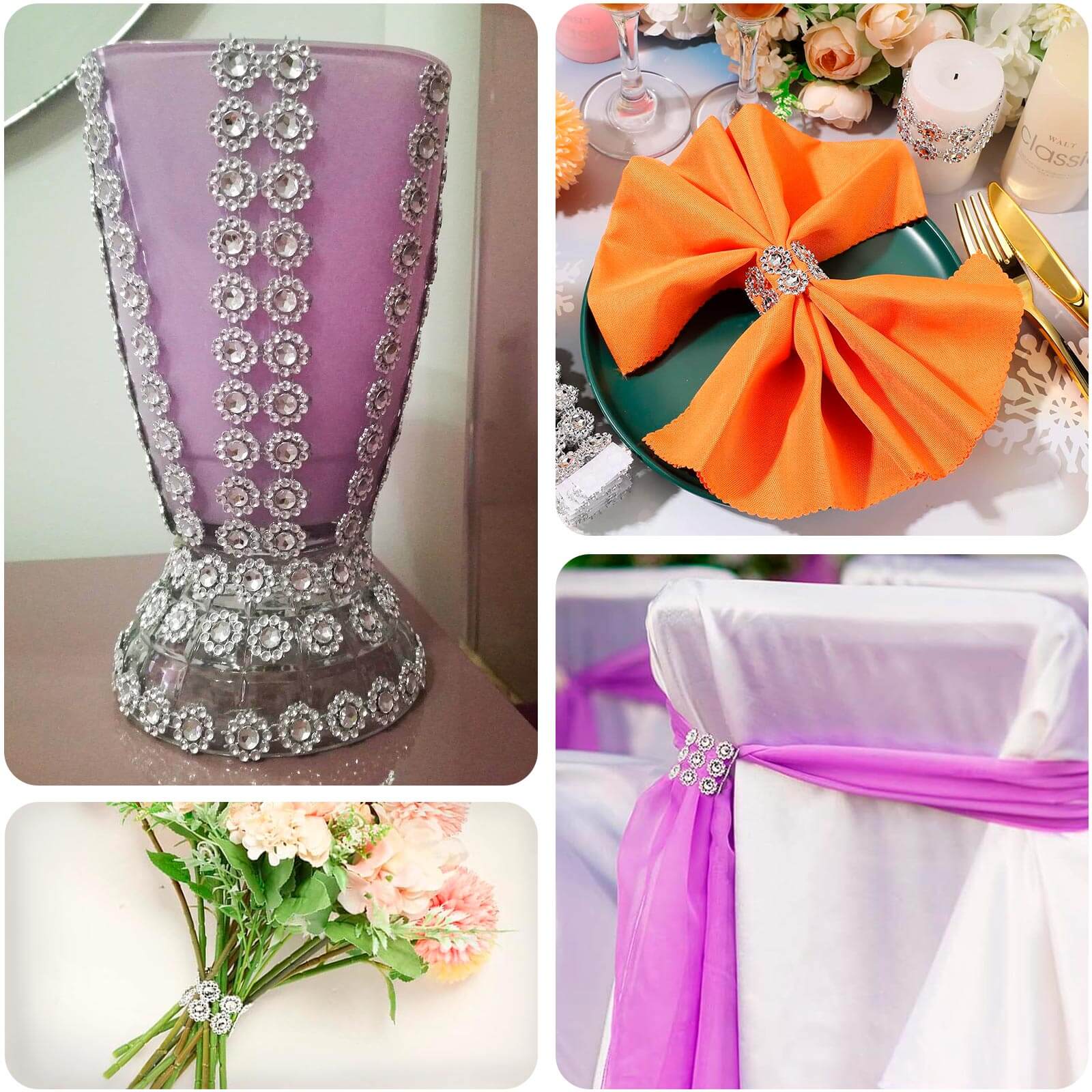 10 Pack Silver Sunflower Diamond Rhinestones Napkin Rings With Velcro, Elegant Wedding Napkin Holders - Image 5