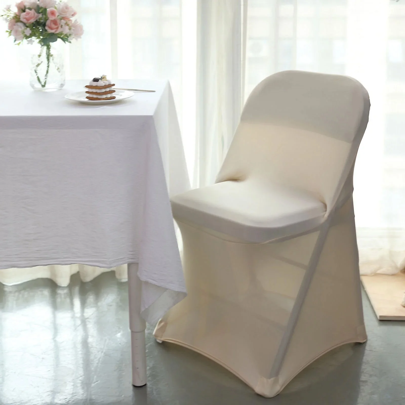 10 Pack Stretch Spandex Folding Chair Covers Beige - 160GSM Superior Durability with a Snug Fit Slipcovers - Image 7