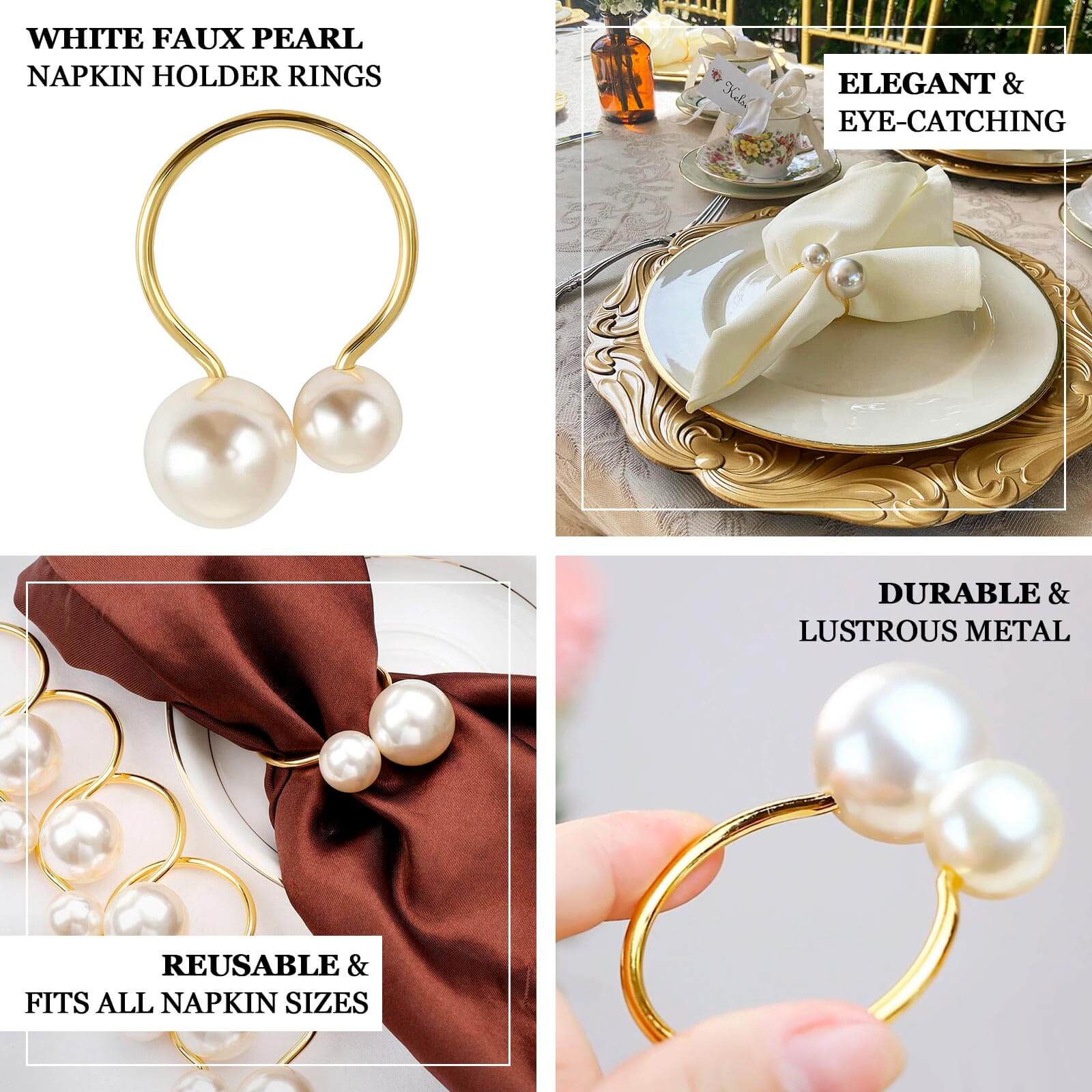 10 Pack White Pearl Gold Metal Napkin Rings Dining Table Decor, Elegant Round Wedding Napkin Holders - 2.5" - Image 4