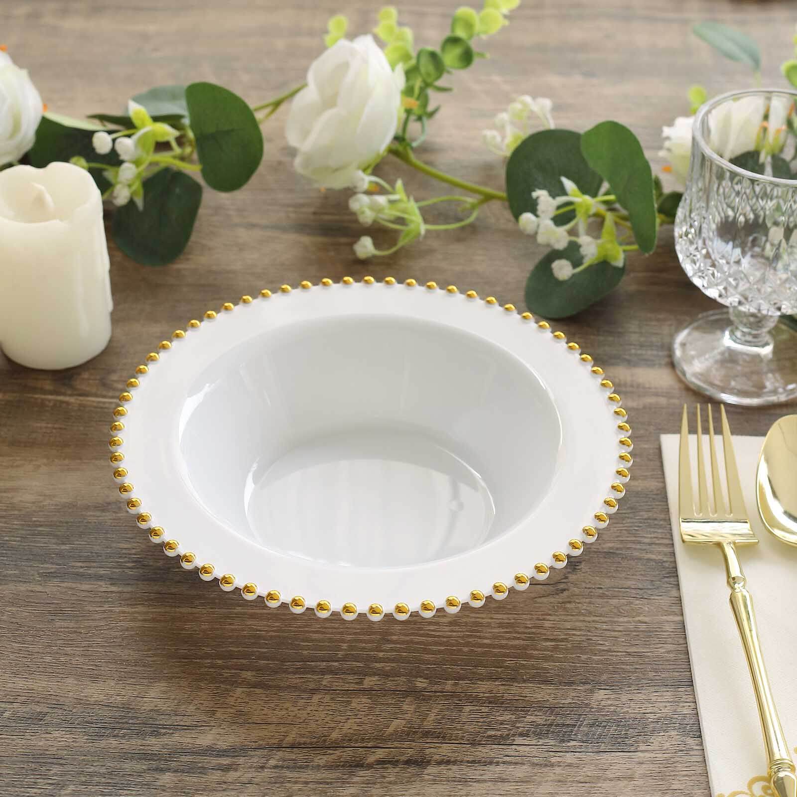 10-Pack White Plastic Soup Bowls 12oz, Gold Beaded Rim Round Design - Disposable Dessert Salad Bowls - Image 6
