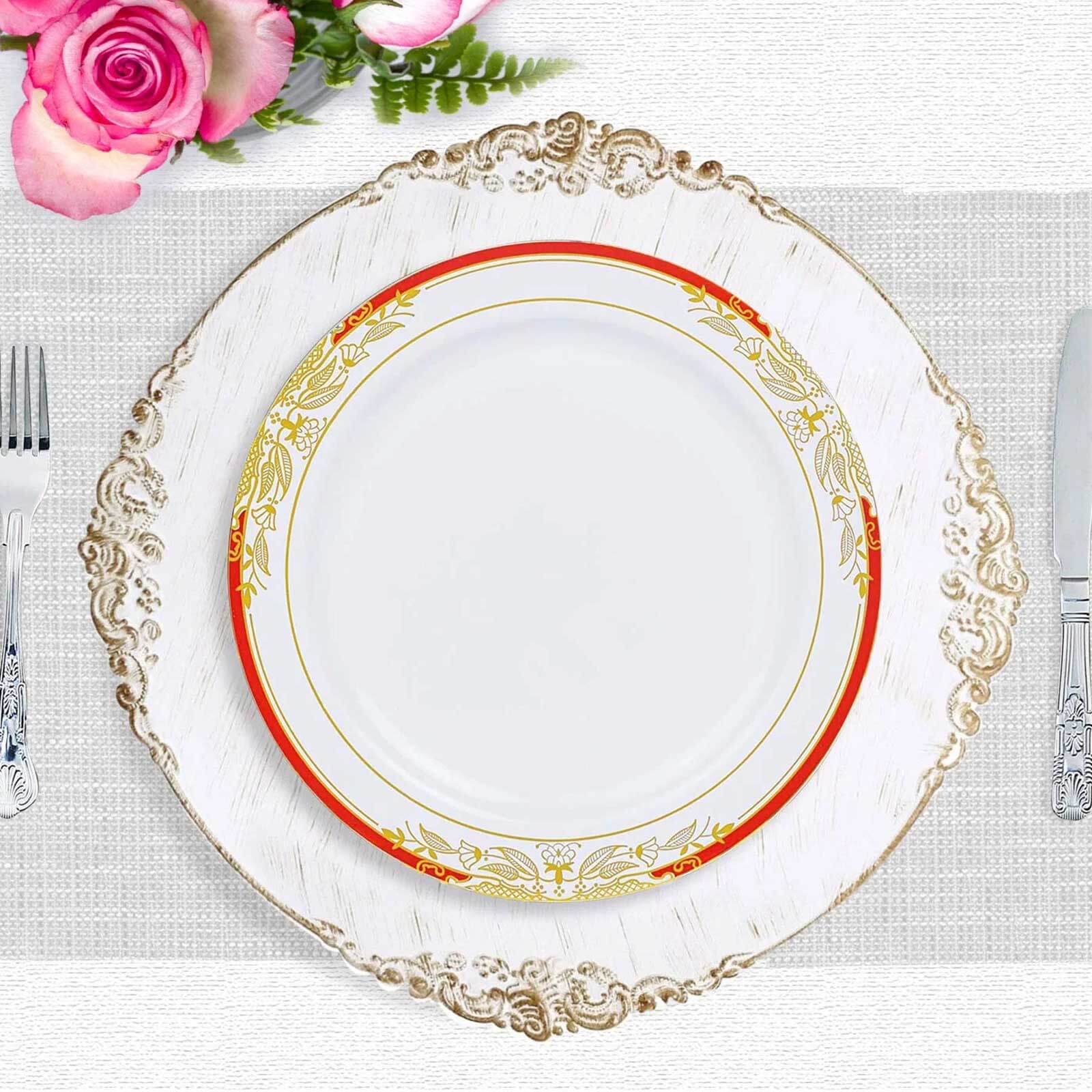 10 Pack White With Red Rim Plastic Dinner Plates, Round With Gold Vine Design 10" - Image 2