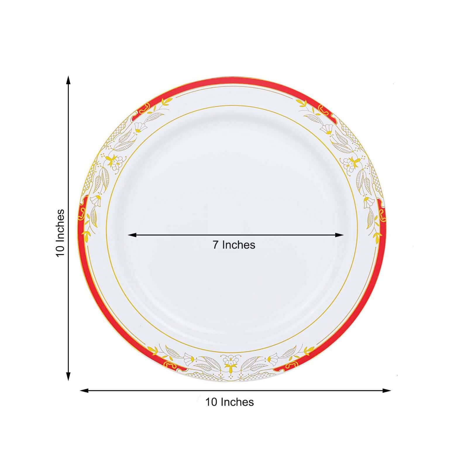 10 Pack White With Red Rim Plastic Dinner Plates, Round With Gold Vine Design 10" - Image 3