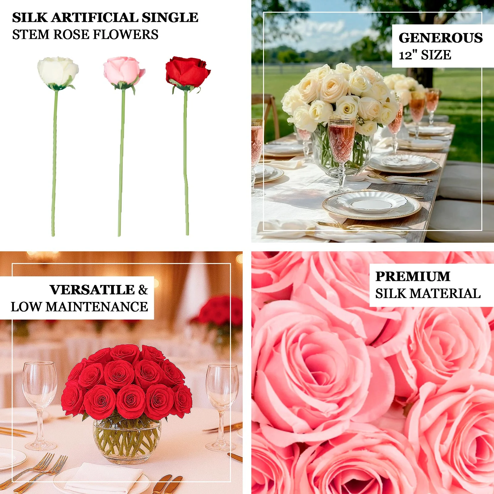 10 Pcs Pink Silk Roses - Realistic 12" Artificial Flowers for Arrangements & Bouquets - Image 4