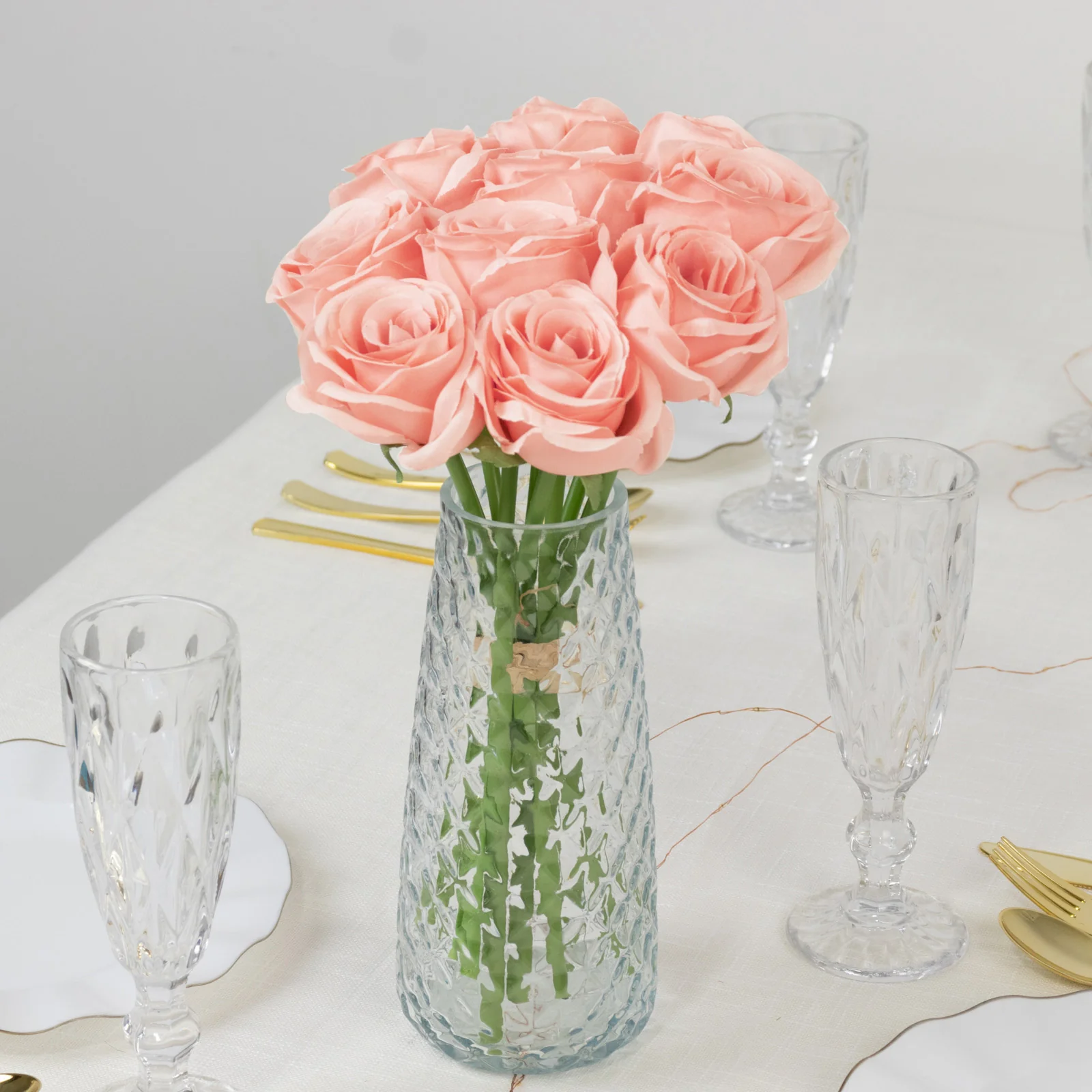 10 Pcs Pink Silk Roses - Realistic 12" Artificial Flowers for Arrangements & Bouquets - Image 8
