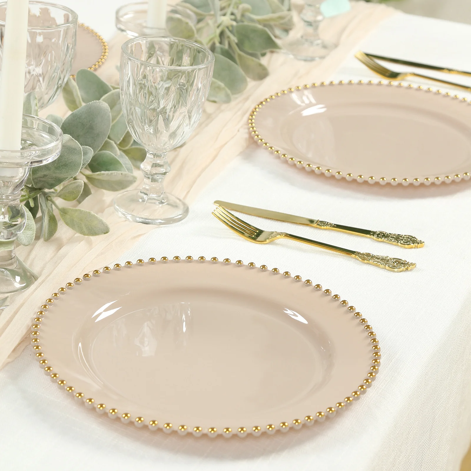 10-Pack Plastic Round Dinner Plates 10" Taupe with Gold Beaded Rim - Disposable Party Plates for Stylish Gatherings & Celebrations