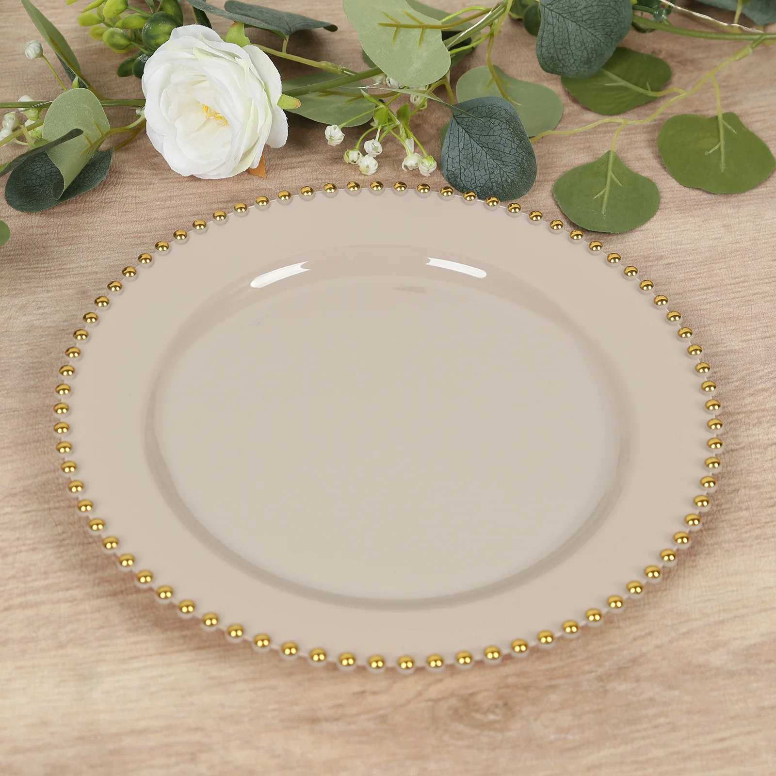 10-Pack Plastic Round Dinner Plates 10" Taupe with Gold Beaded Rim - Disposable Party Plates for Stylish Gatherings & Celebrations - Image 8