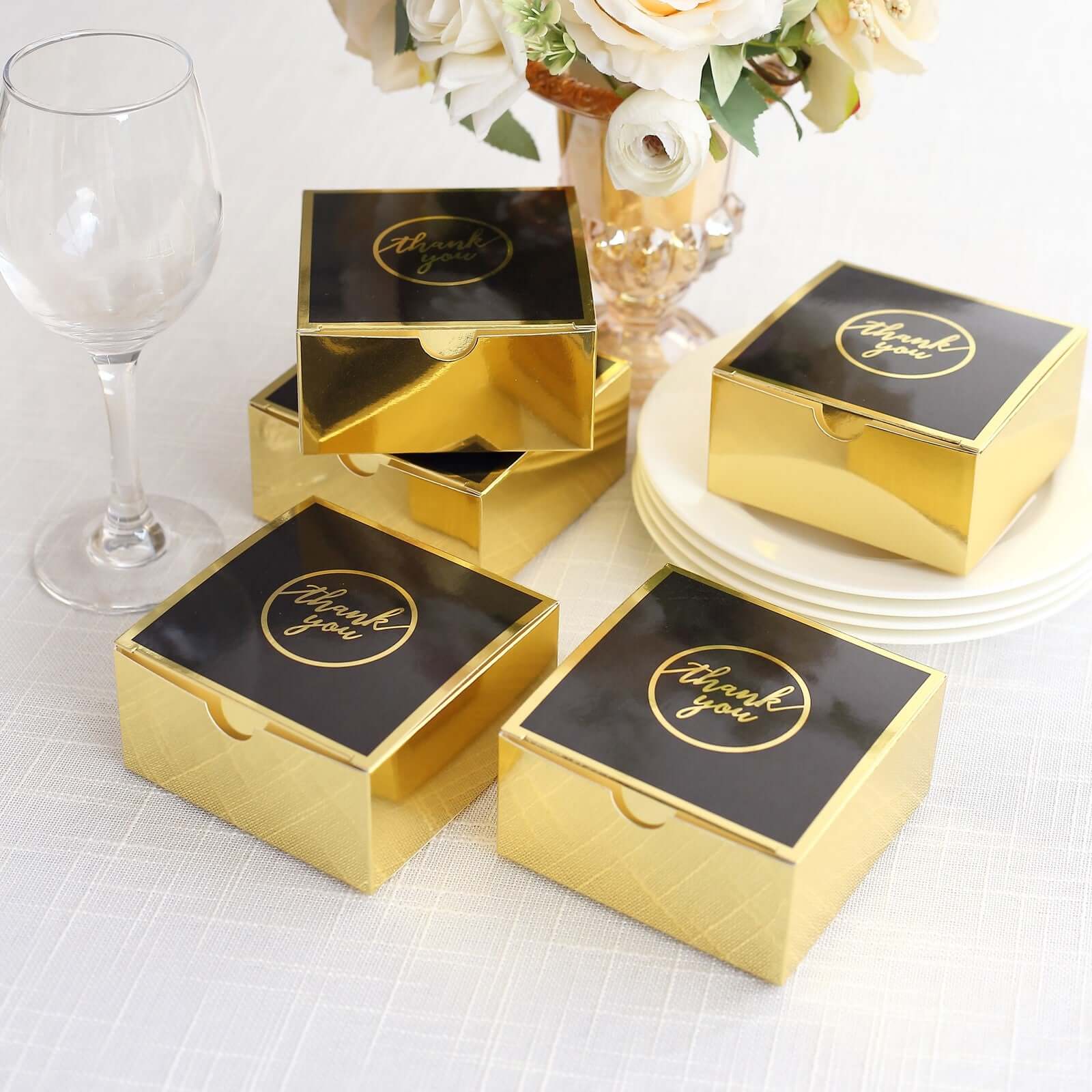 25 Pack Black Gold "Thank You" Print Paper Gift Boxes, Cardstock Party Shower Candy Favor Boxes - 4"x4"x2" - Image 4
