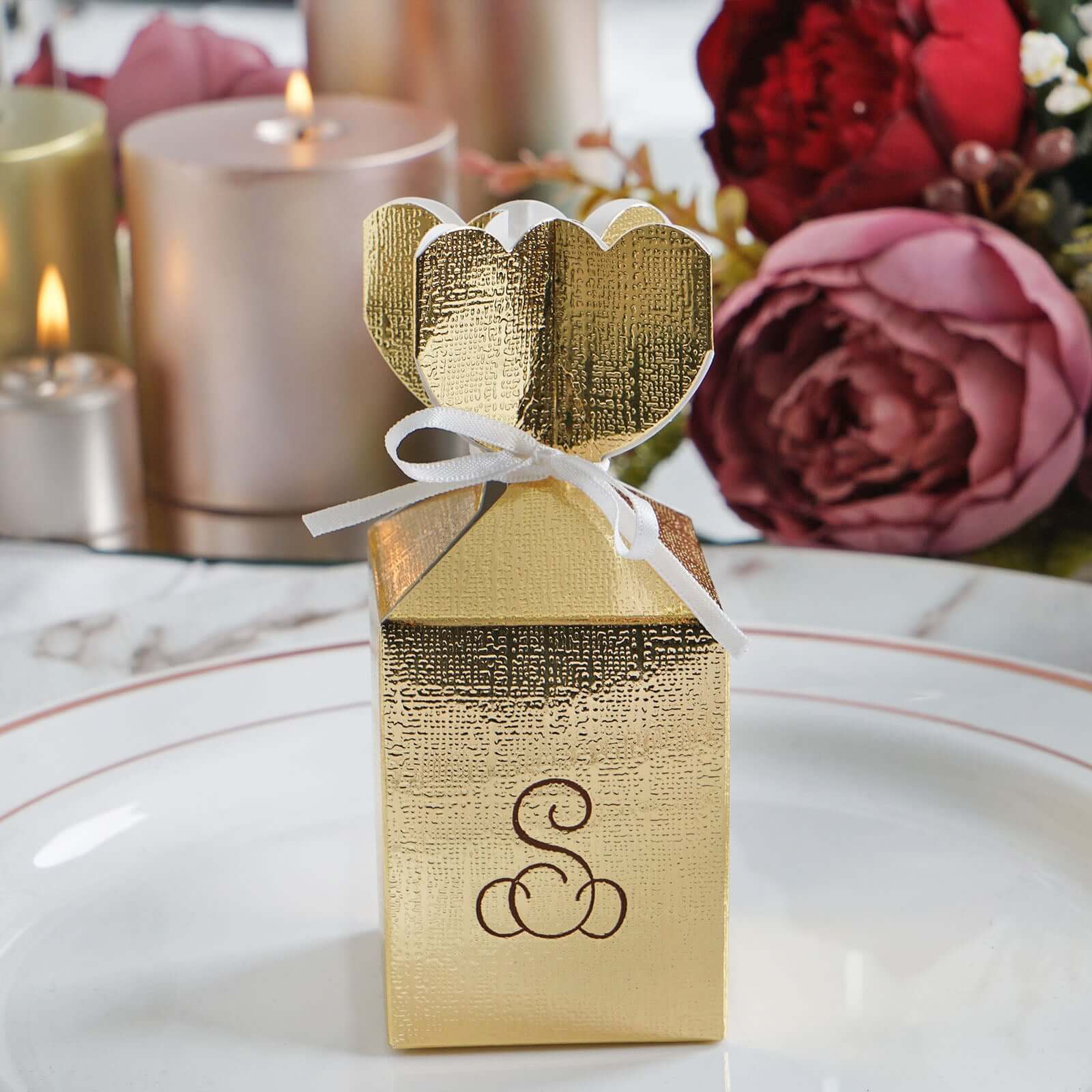 100 Pack Floral Top Personalized Monogram Wedding Favor Gift Box With Satin Ribbon Tie 5"
