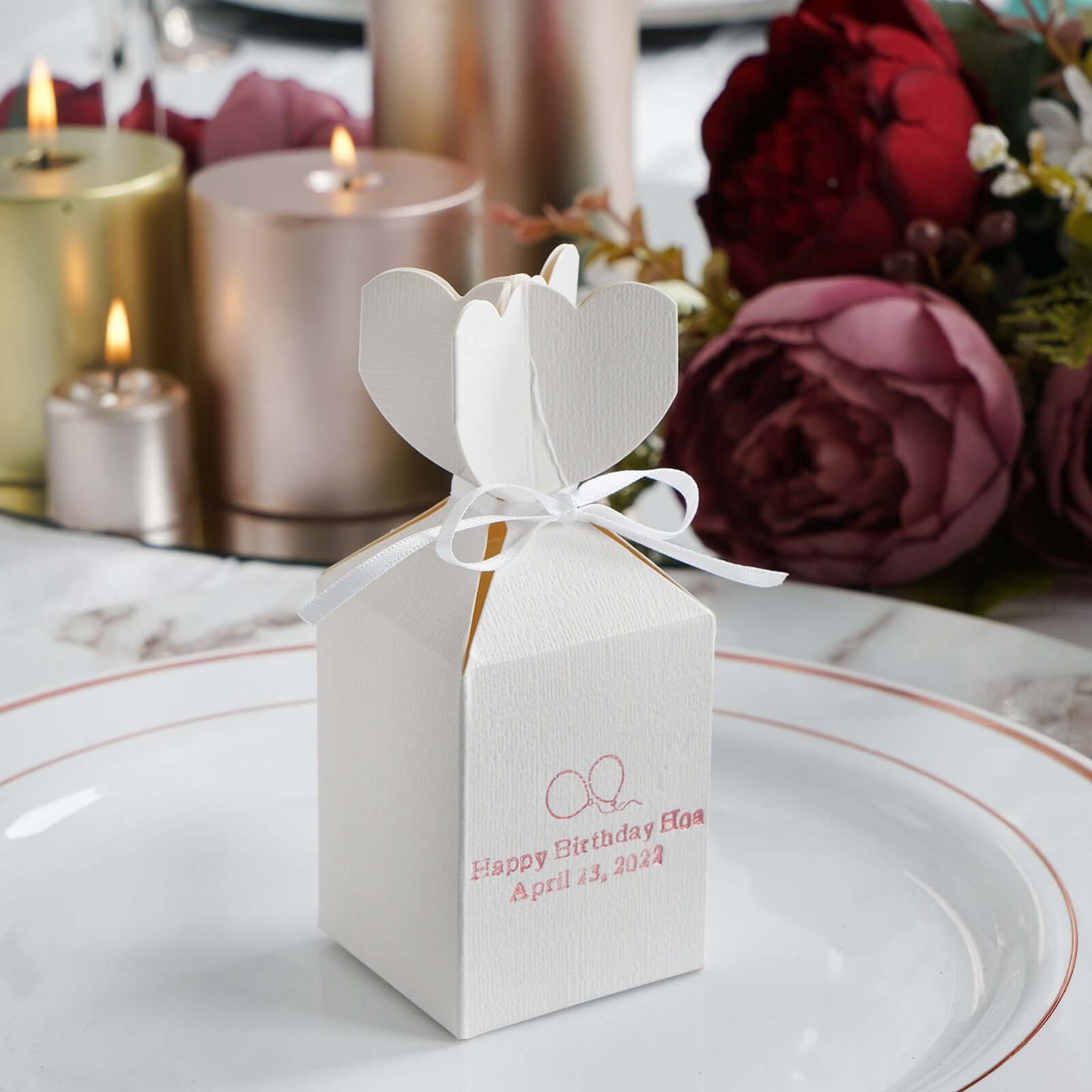 100 Pack Floral Top Personalized Wedding Favor Party Gift Boxes With Satin Ribbon Tie 5" - Image 2